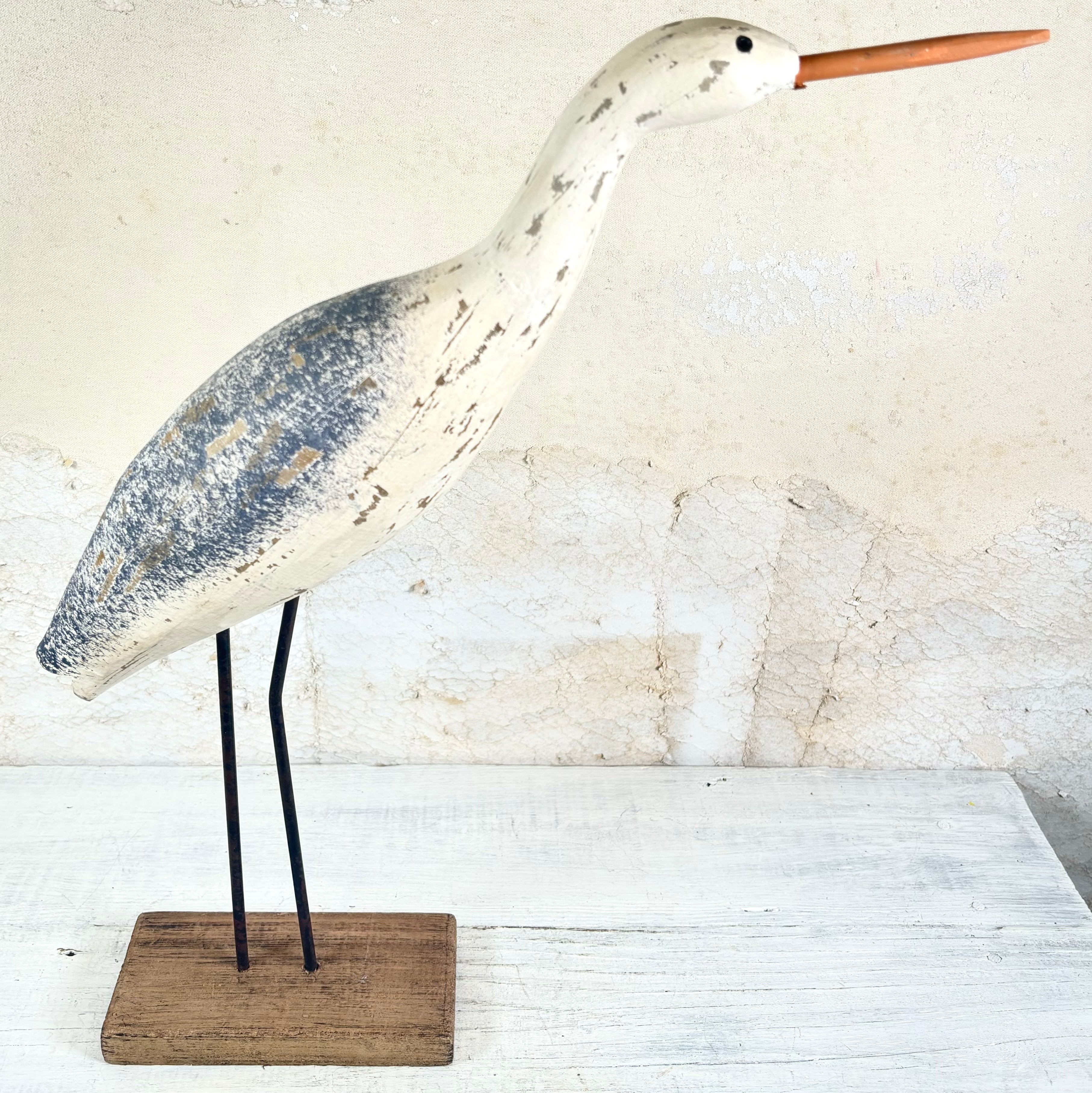 White and Gray Wood and Metal Heron Standing on Base Tall