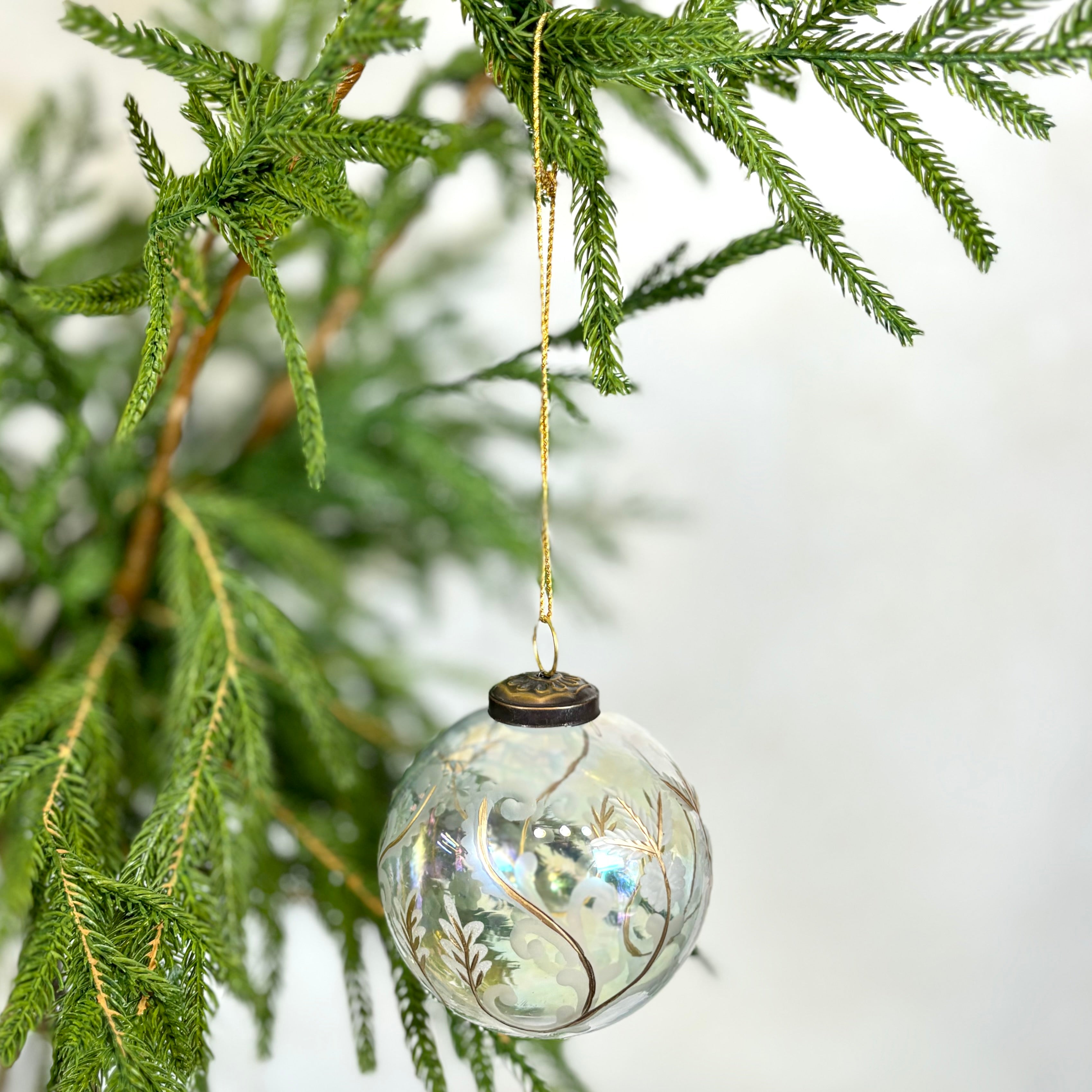 Etched Glass Clear Ball with Flowers Ornament