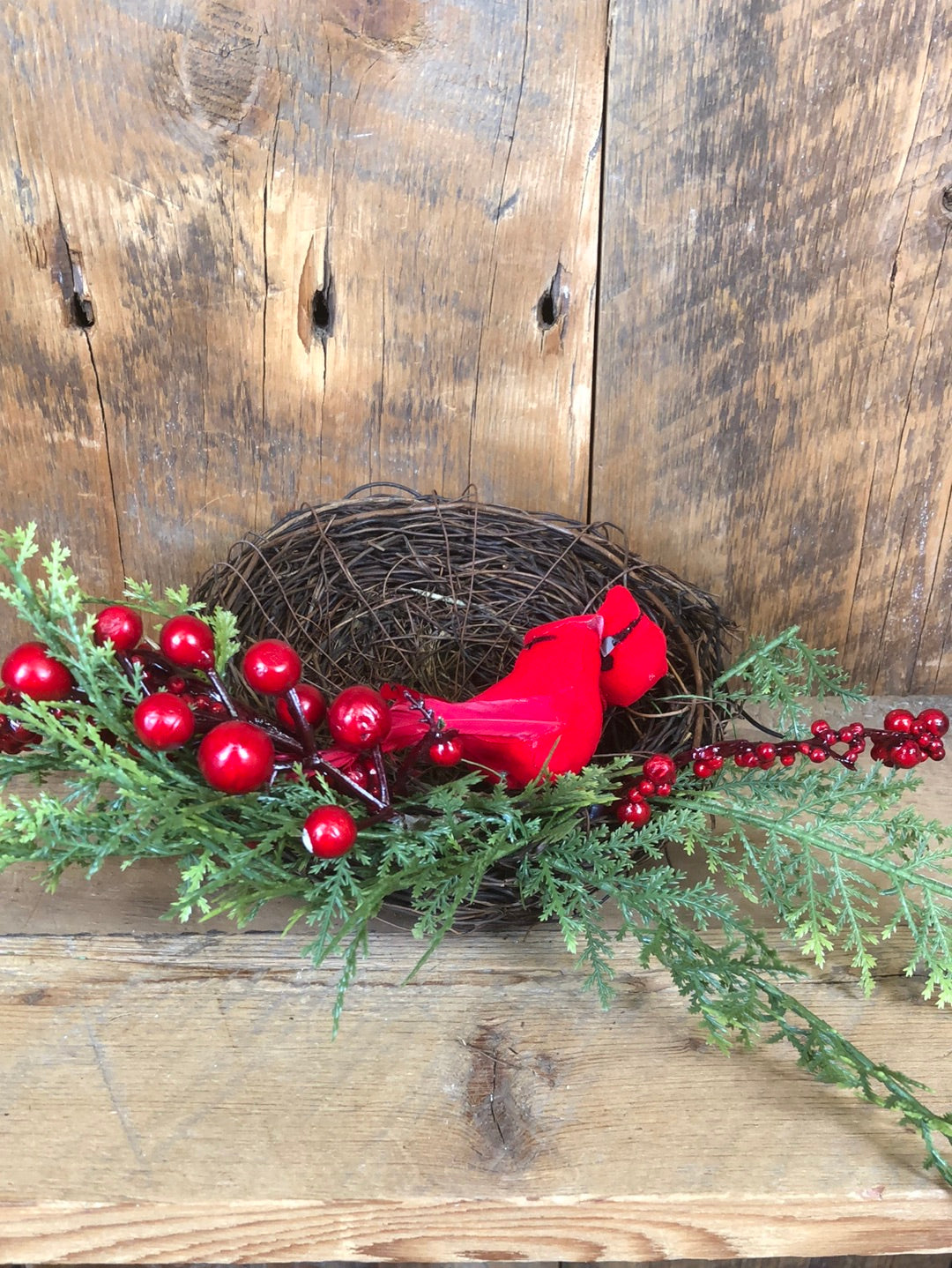 Cedar Red Berry Cardinals Nest with Clip Ornament