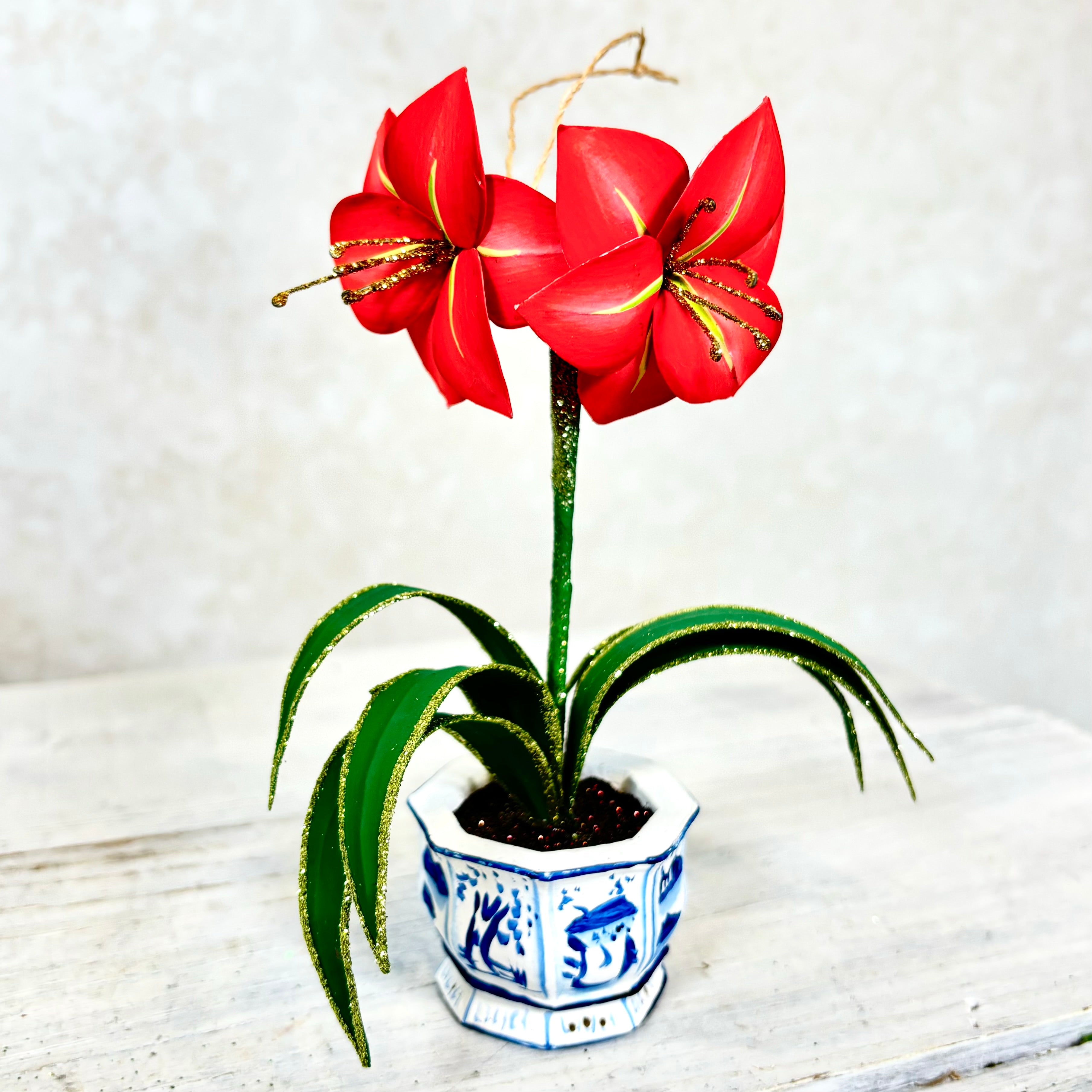 Potted Red Christmas Amaryllis Resin Ornament