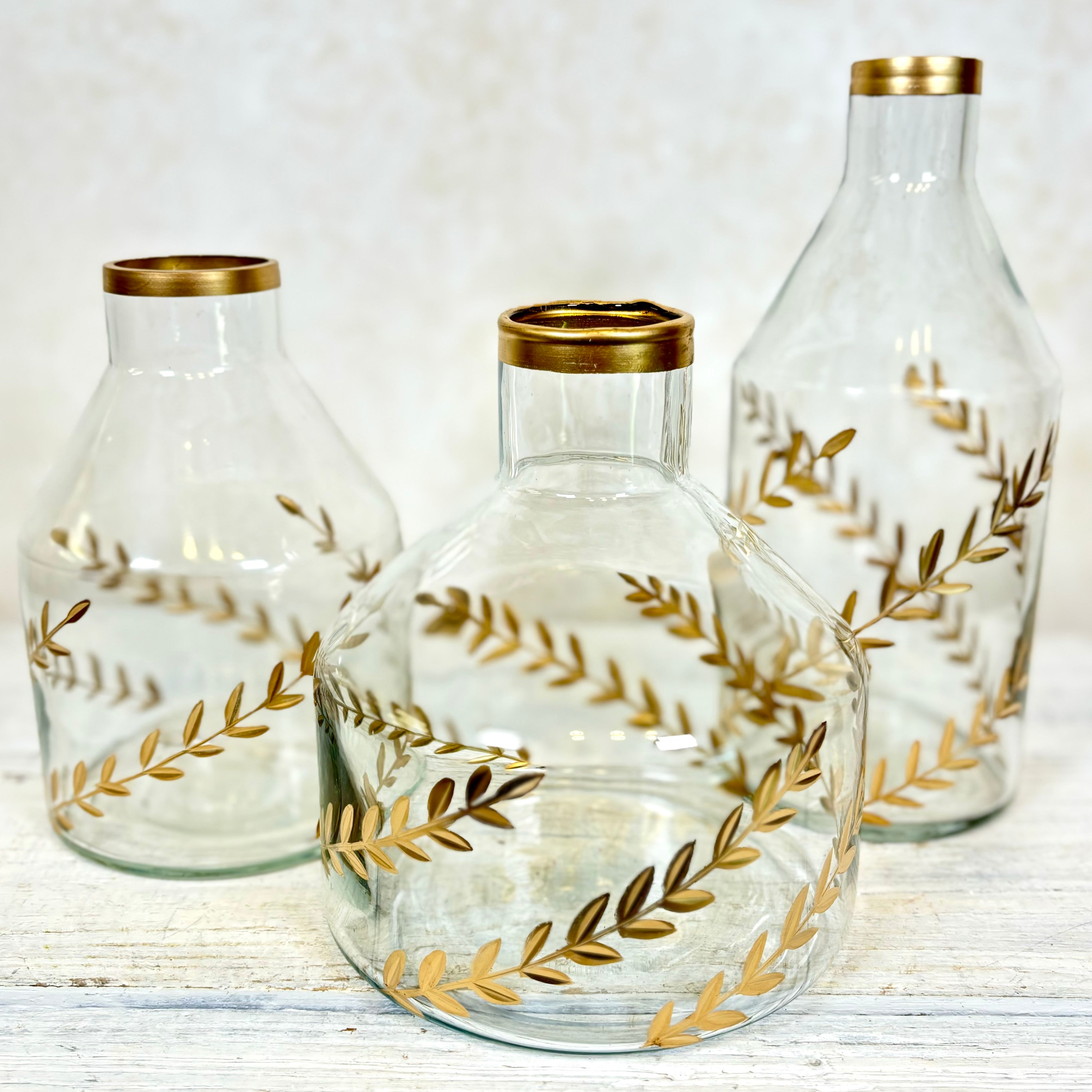 Gold Gilded Leaf Etched Clear Glass Vase Round