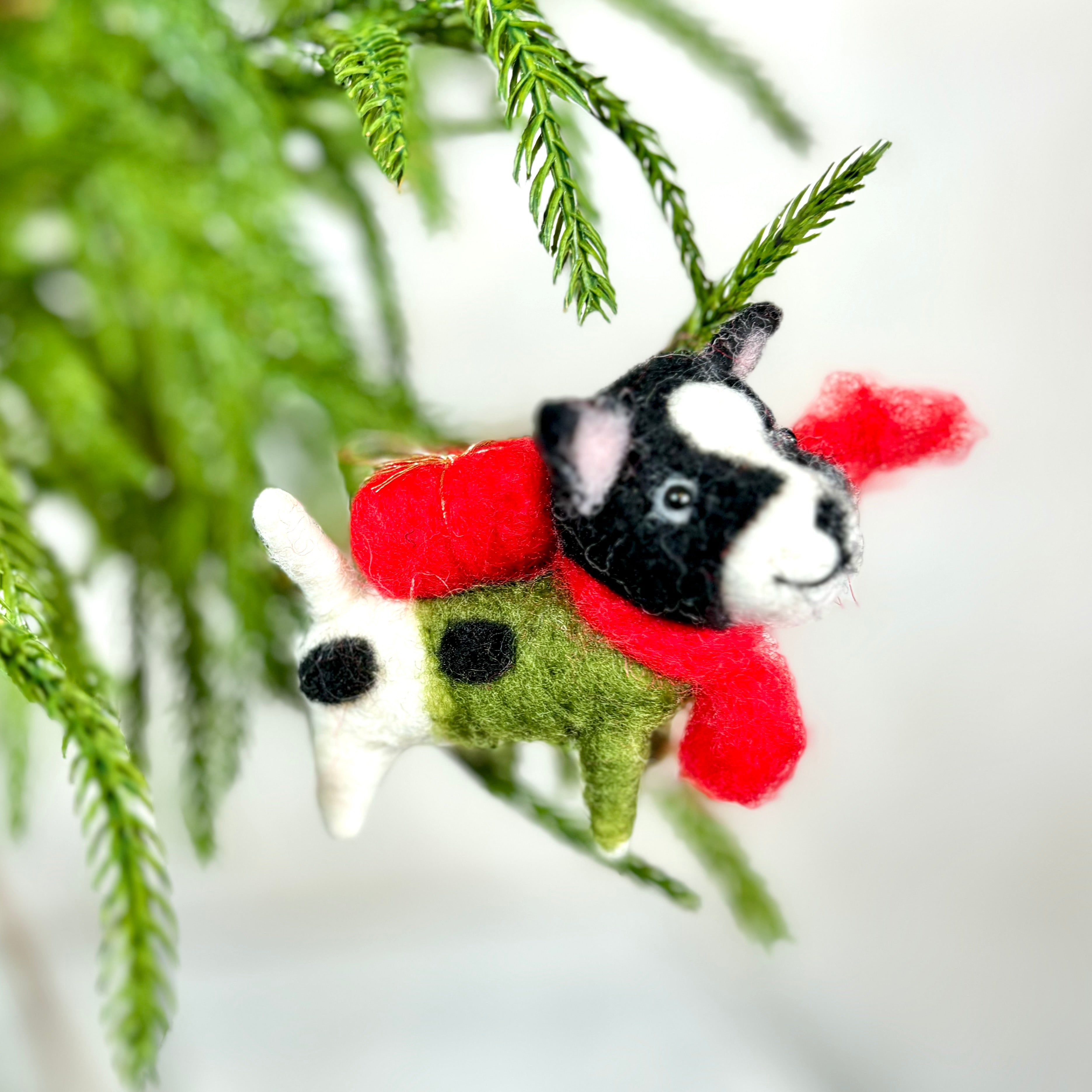 Felt Puppy in Green Outfit with Scarf and Present Ornament