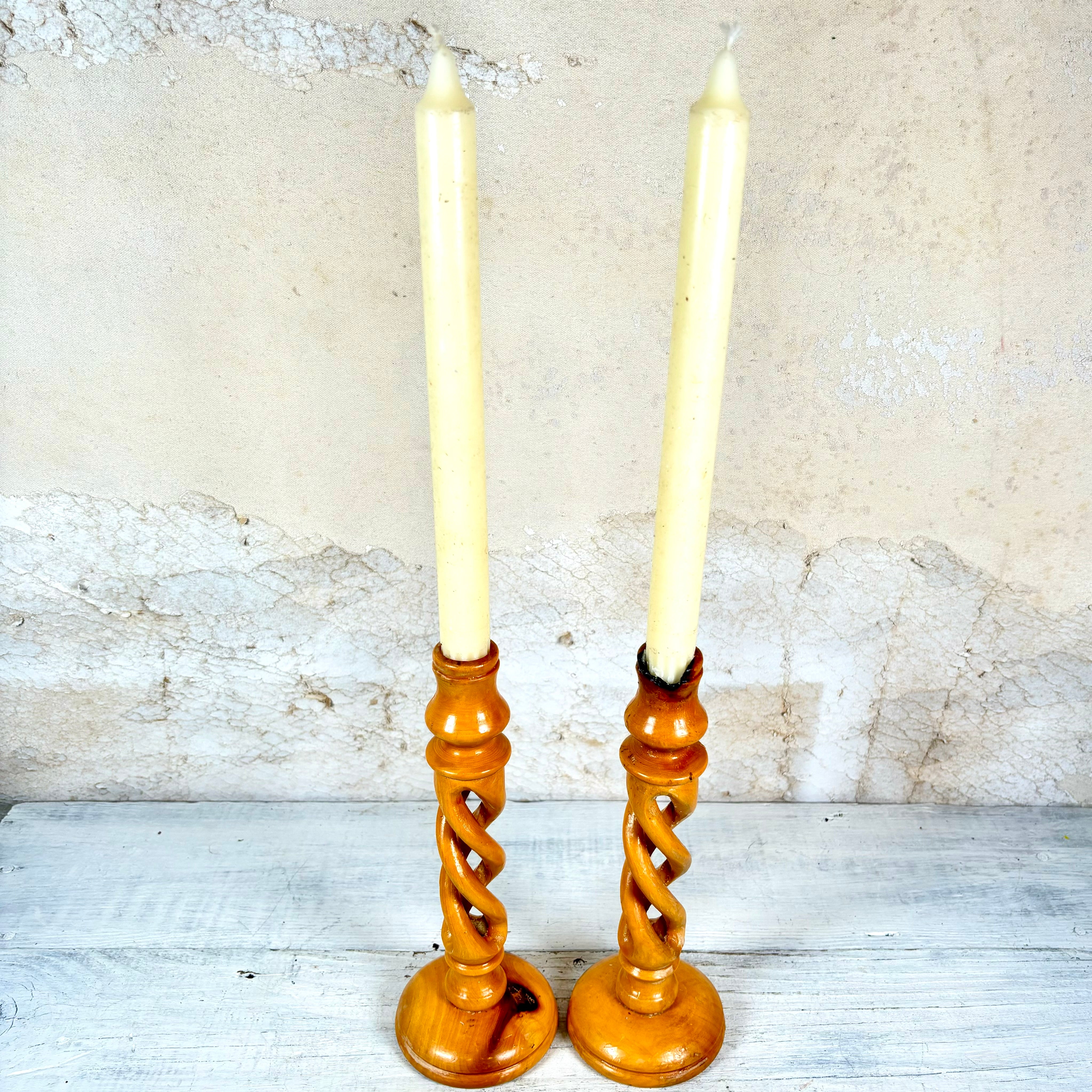 Vintage Carved Olive Wood Candlesticks Set of Two