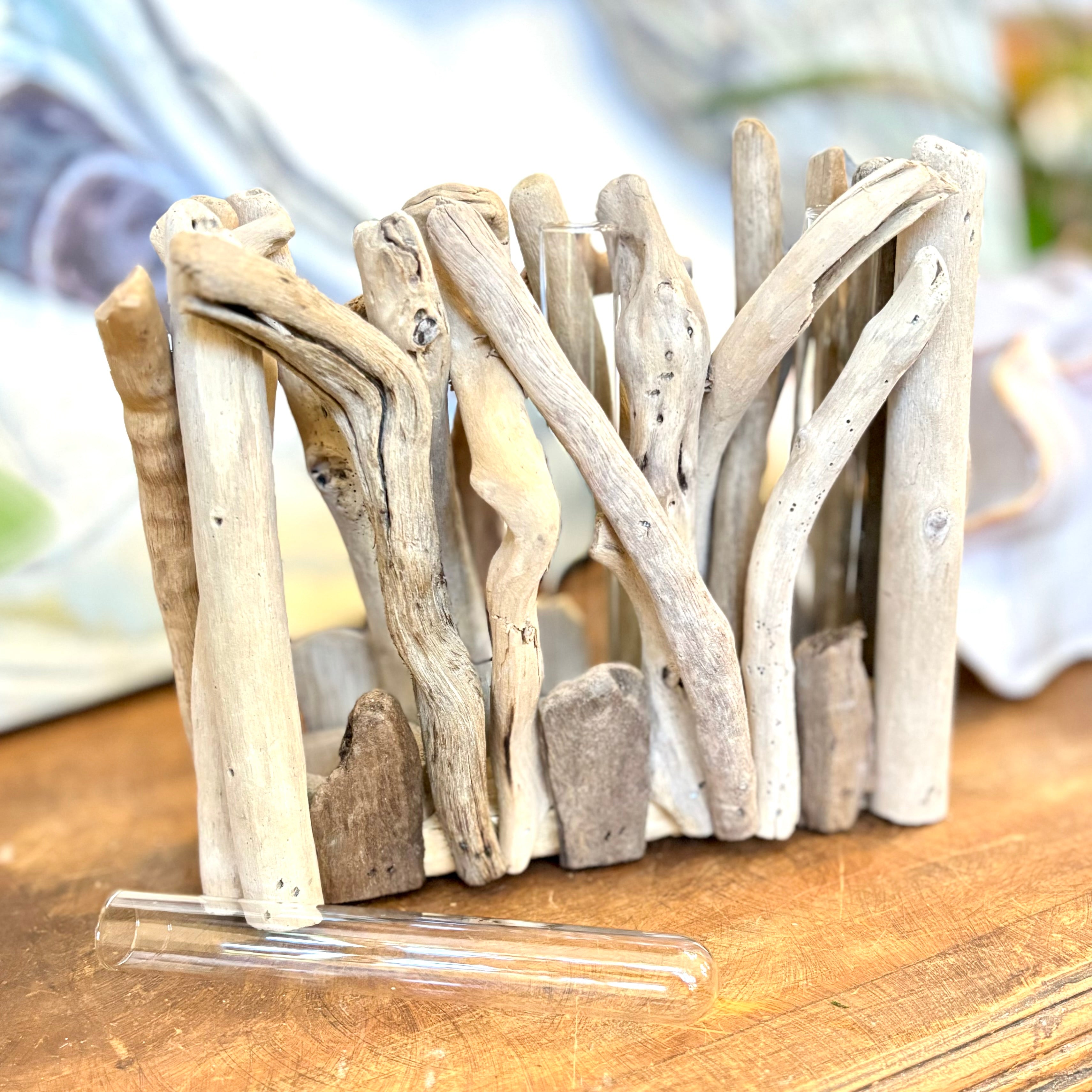 Driftwood Rectangle Vase with Three Glass Tube Inserts