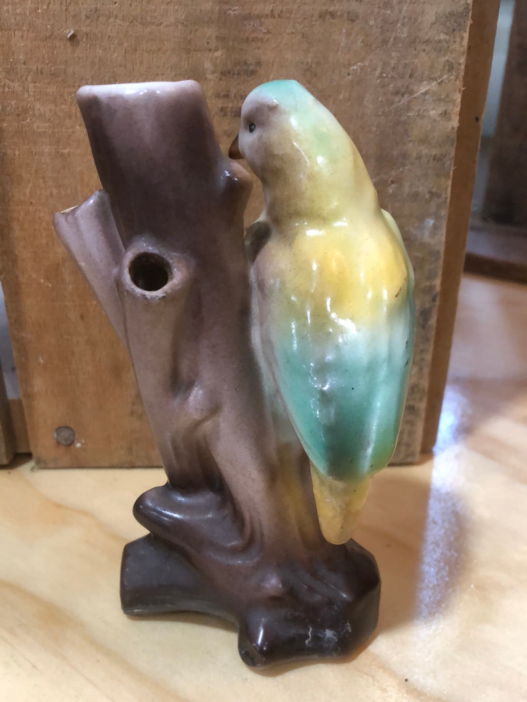 Vintage Yellow Green Bird Bud Vase Dime Marked Cezch Pottery