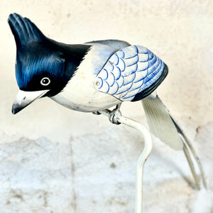 Hand Carved Wood Long Tailed Blue White Bird on Stand 14"