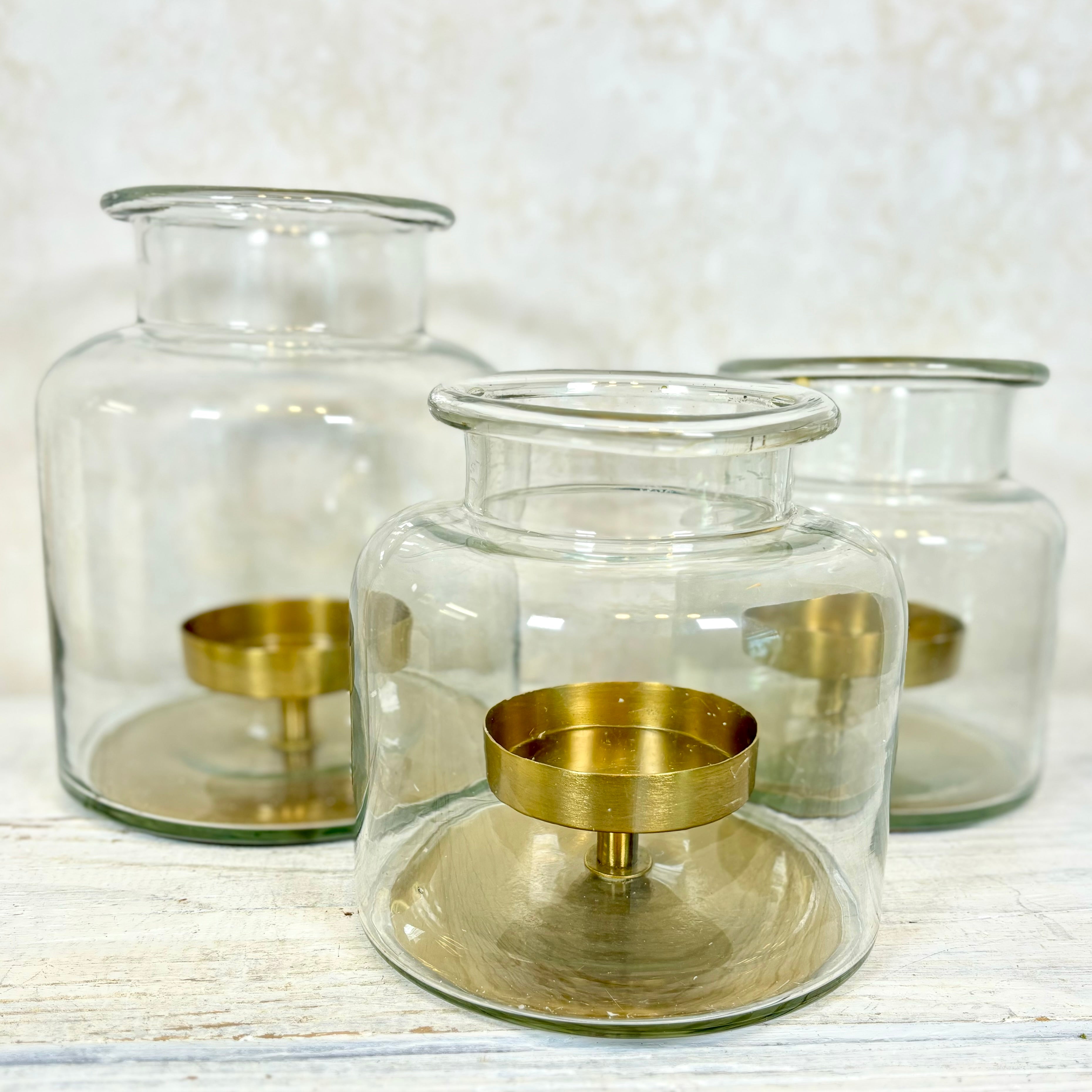 Clear Glass Jar with Metal Pillar Candleholder Short