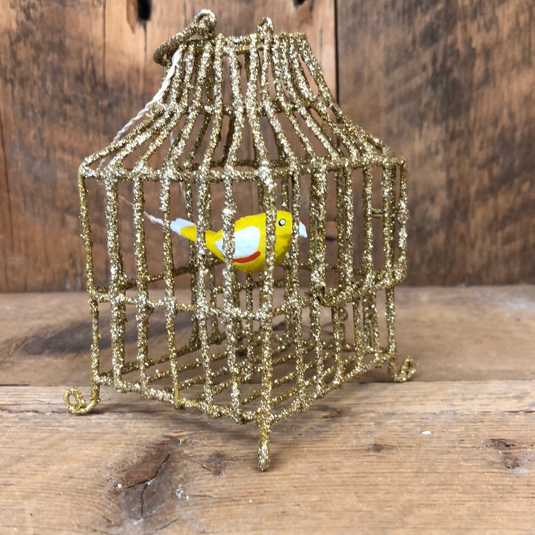 Gilded Birdcage with Yellow Bird Ornament