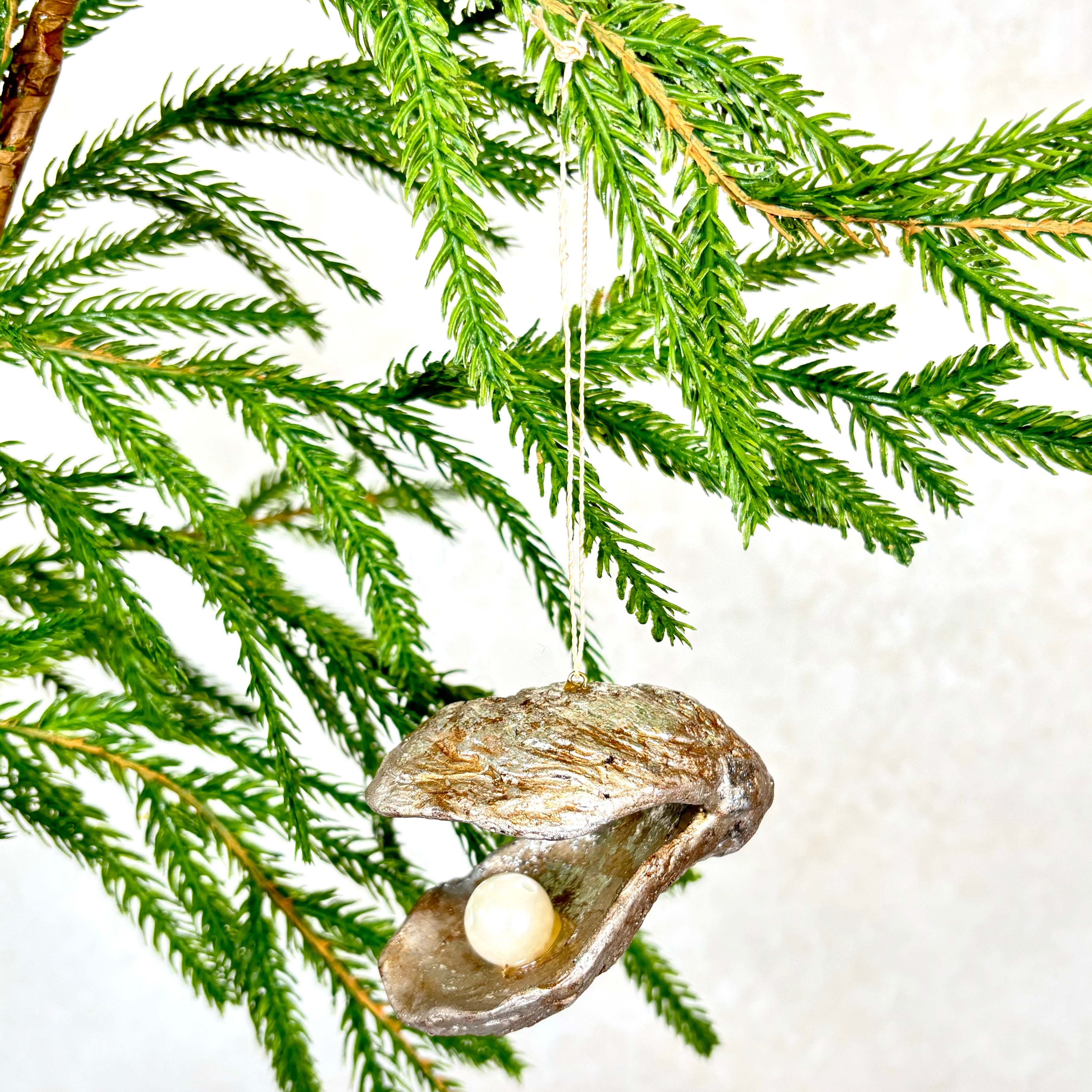 Silver Oyster Shell with Pearl Paper Mache Ornament