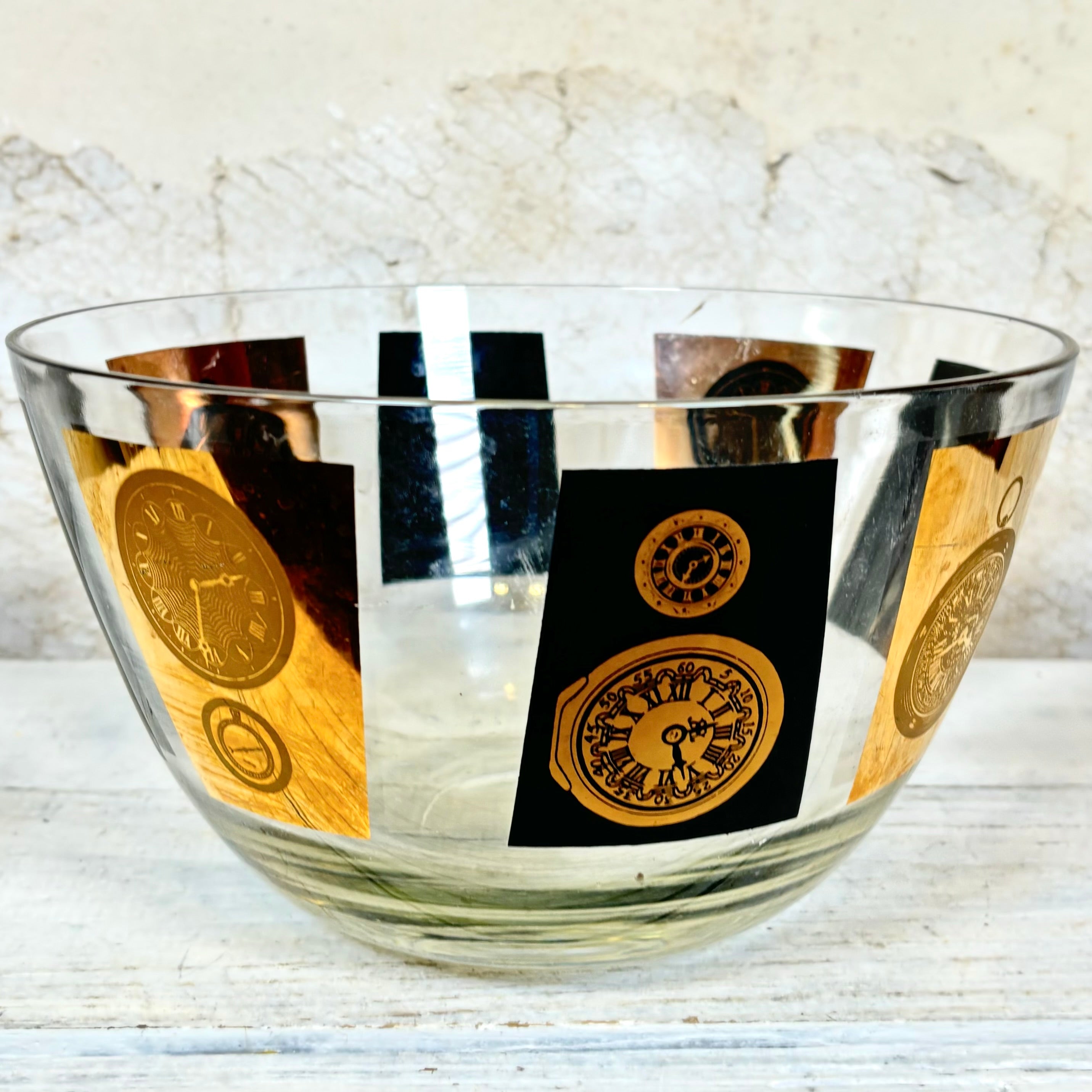 Mid Century Modern Glass Bowl with Black and Gold Clocks