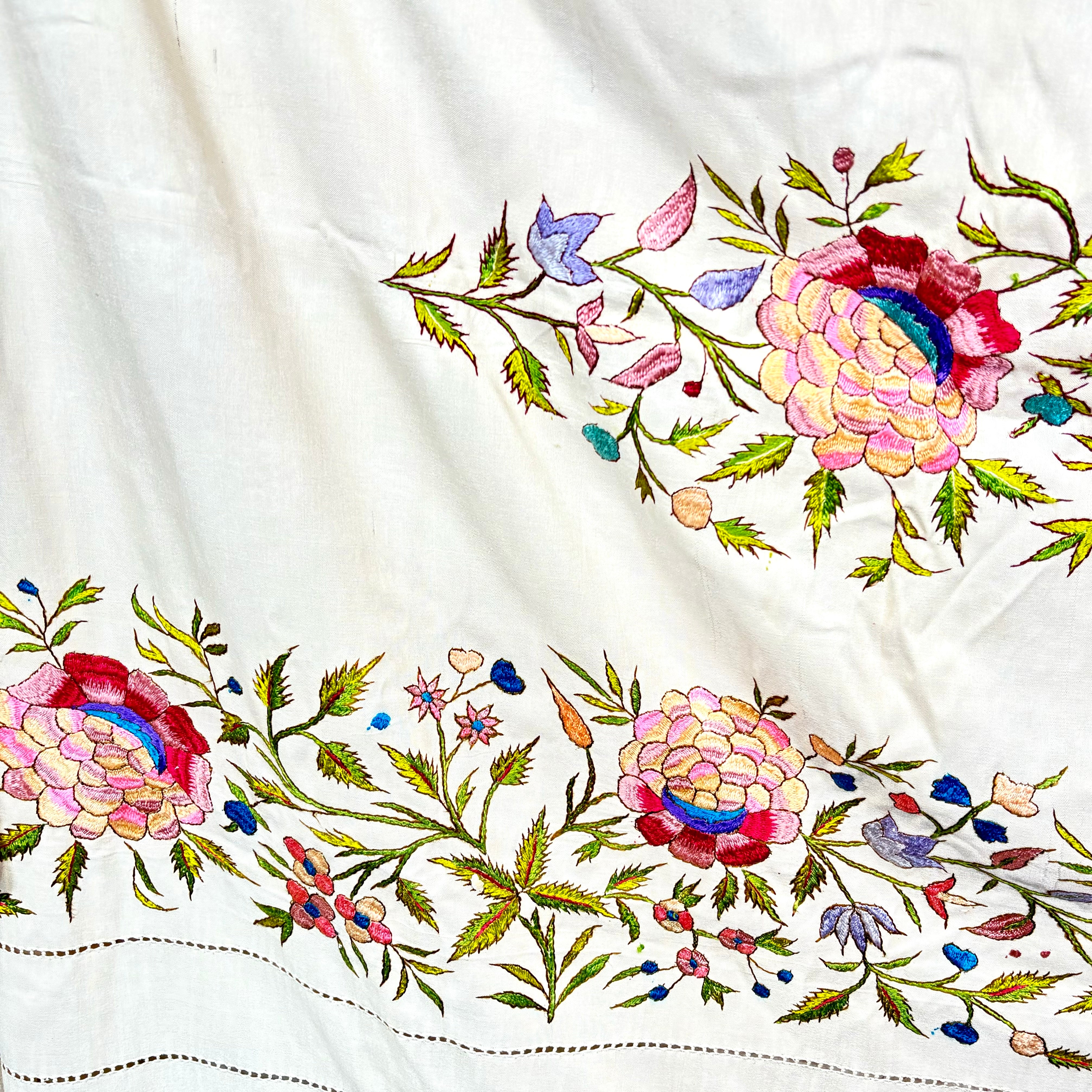 Vintage Embroidered Floral Tablecloth