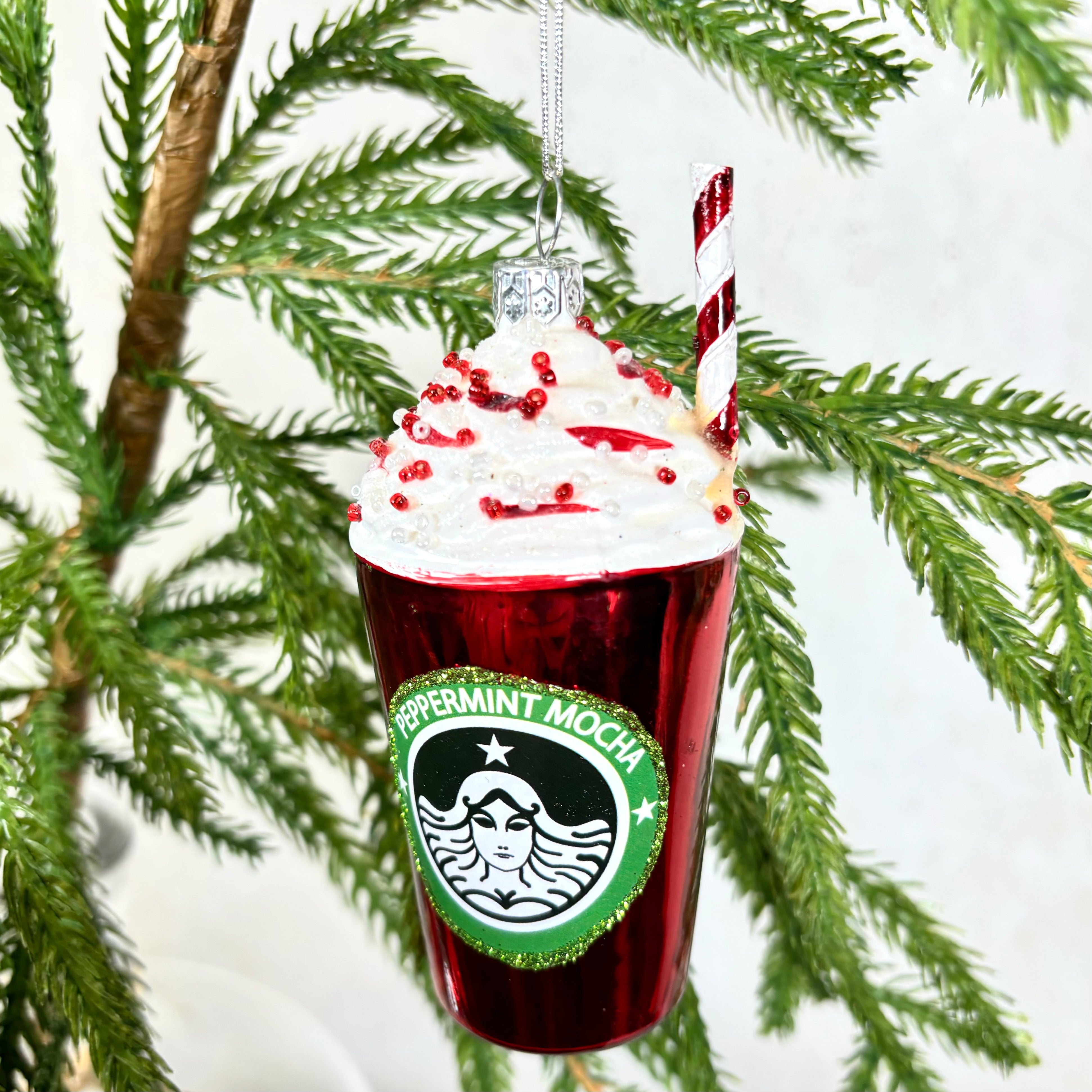 Peppermint Mocha Red Cup Shiny Glass Ornament