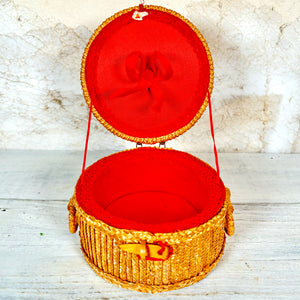 Vintage Woven Wicker Sewing Basket with Raffia Flowers