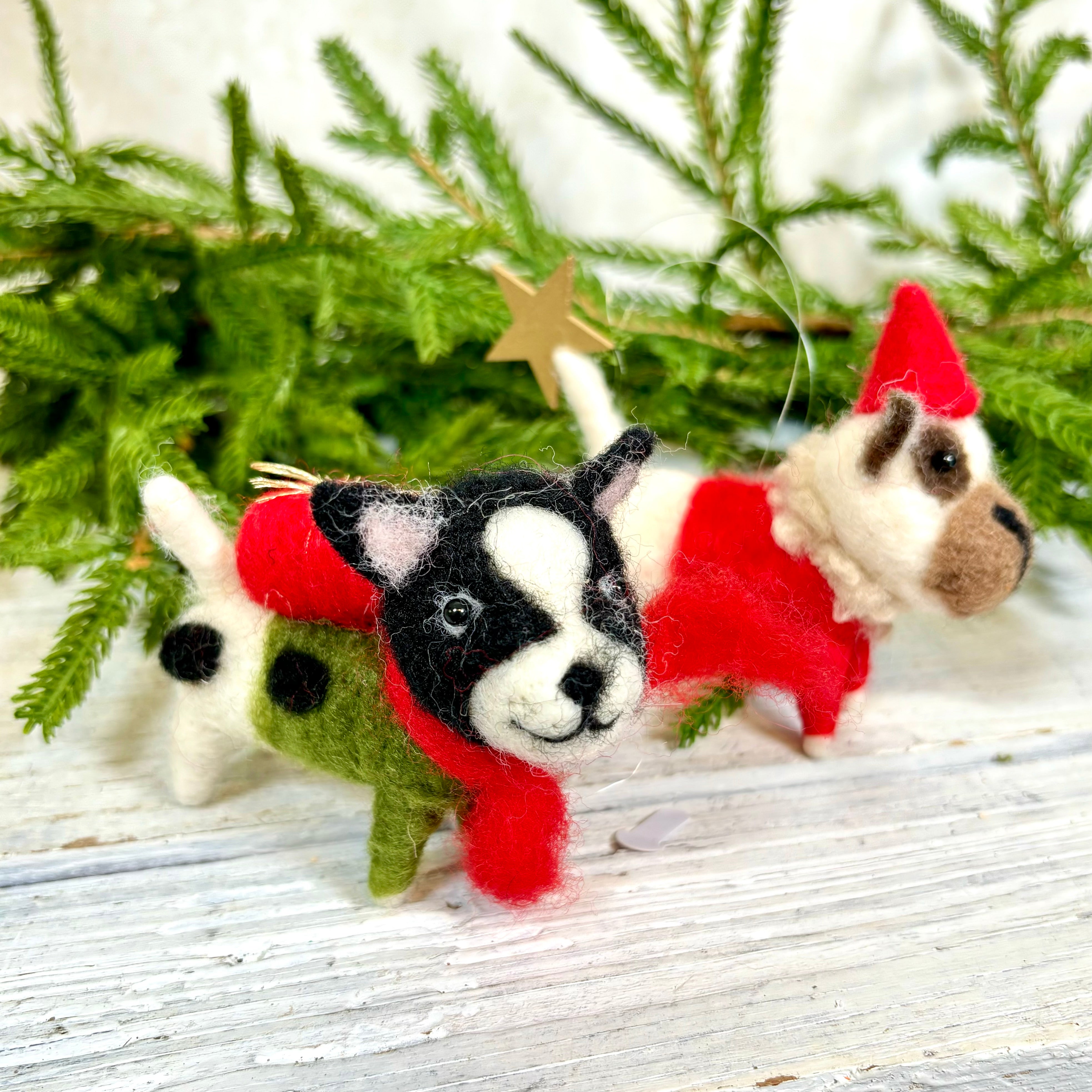 Felt Puppy in Green Outfit with Scarf and Present Ornament