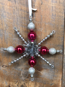 Glass Bead Snowflake Ornament Tinsel and Glitter Red Silver