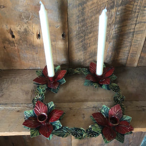 Painted Metal Poinsettia Table Wreath Candle Holder