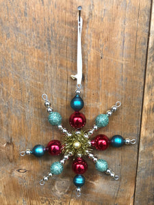 Glass Bead Snowflake Ornament Tinsel and Glitter Blue Red Gold
