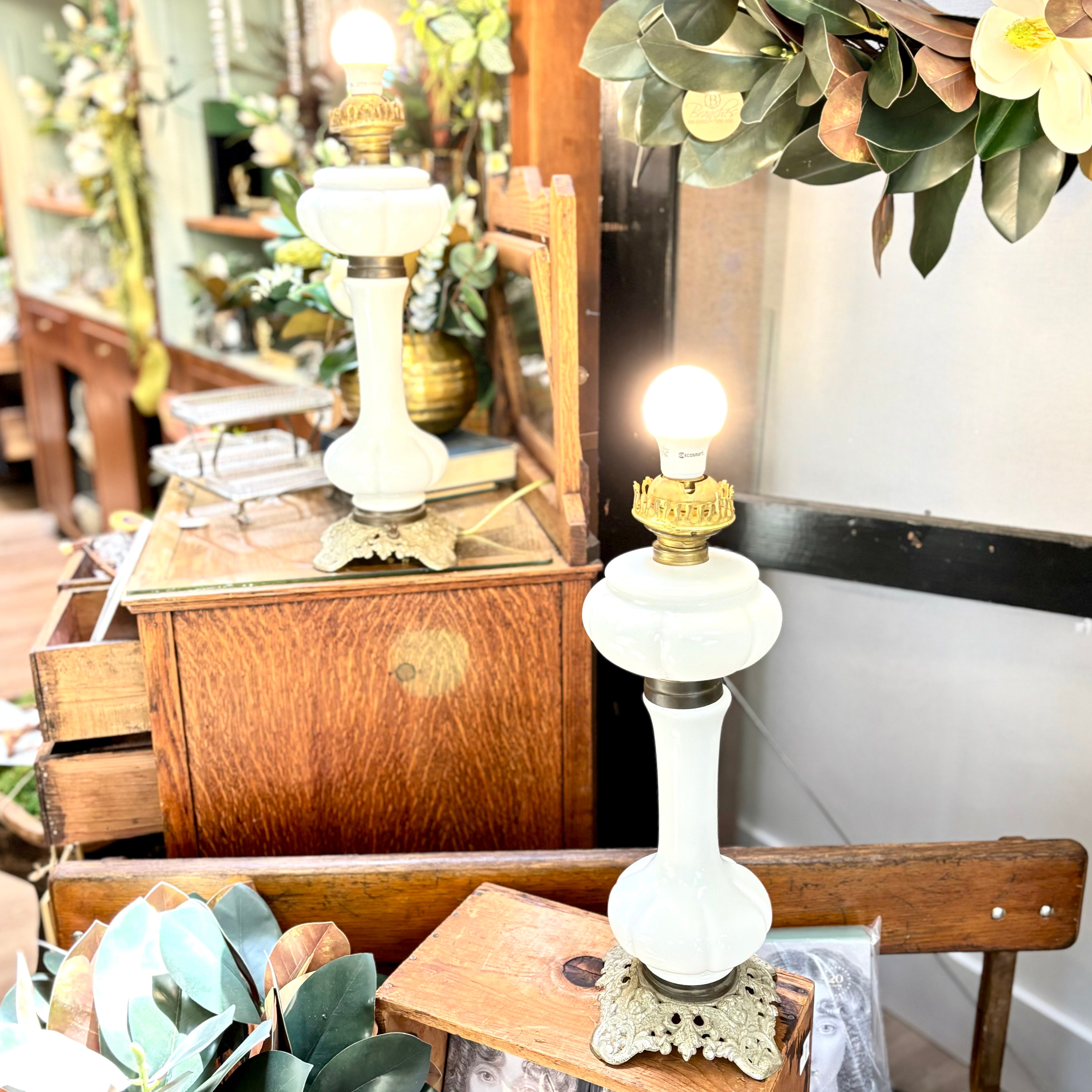 Set of Two Antique French Opal Glass Lamps