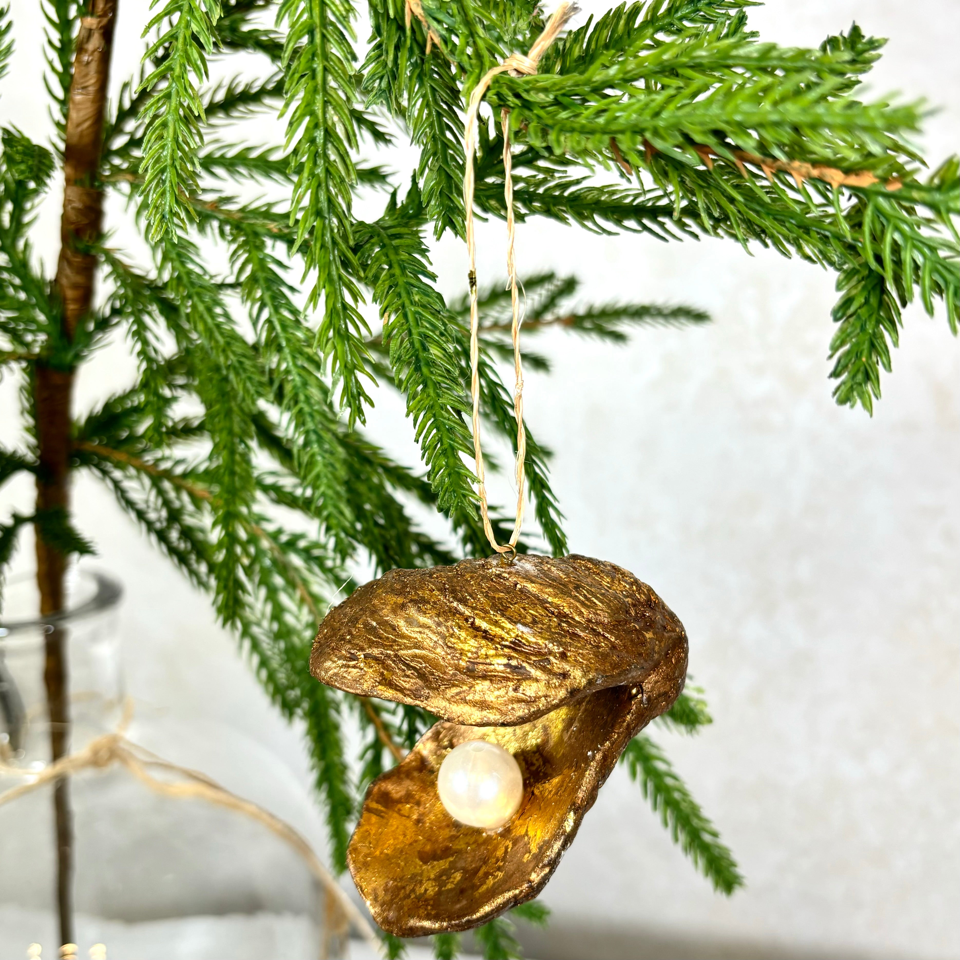 Gold Oyster Shell with Pearl Paper Mache Ornament