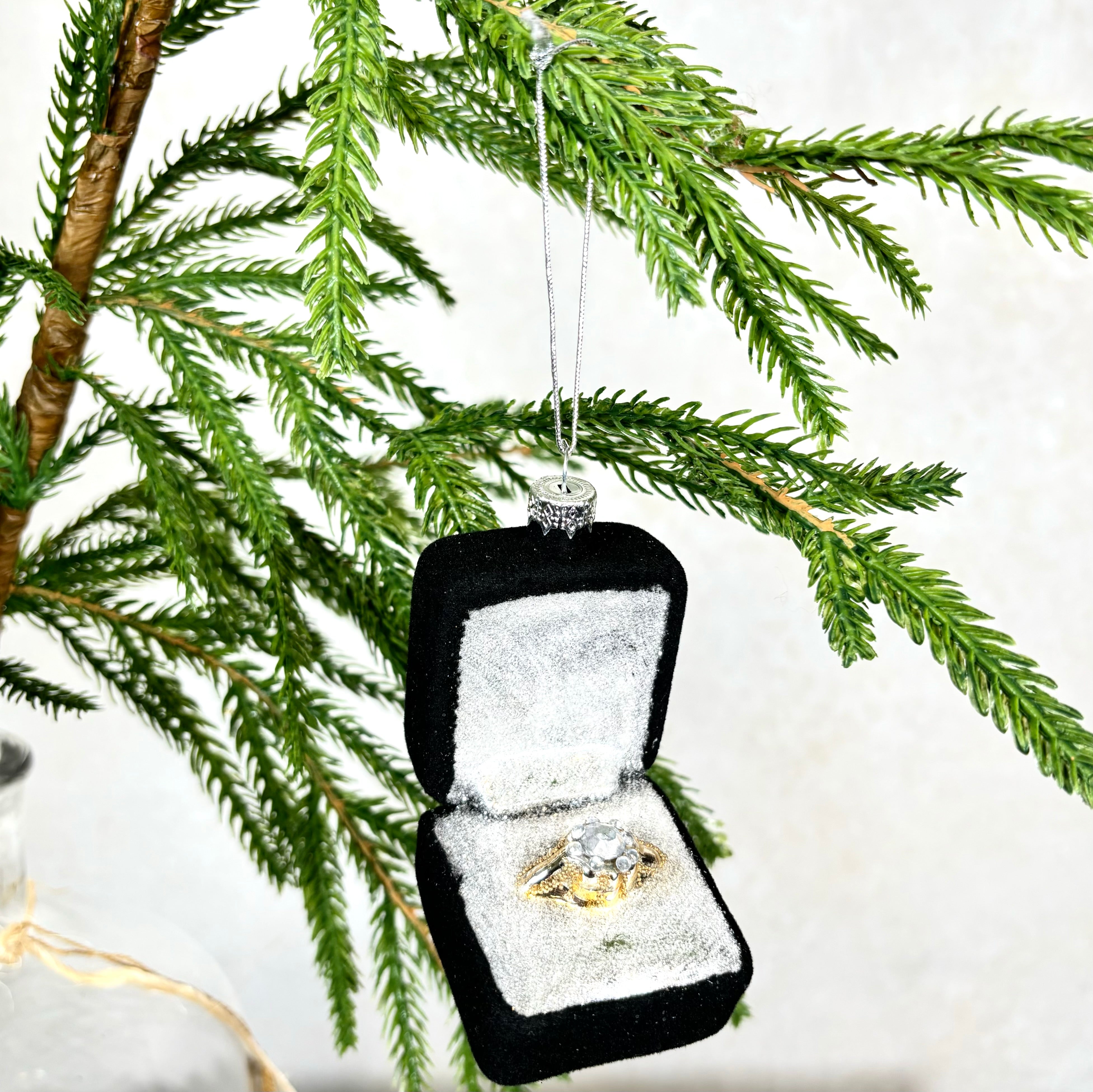 Diamond Engagement Ring in Black Velvet Box Glass Ornament