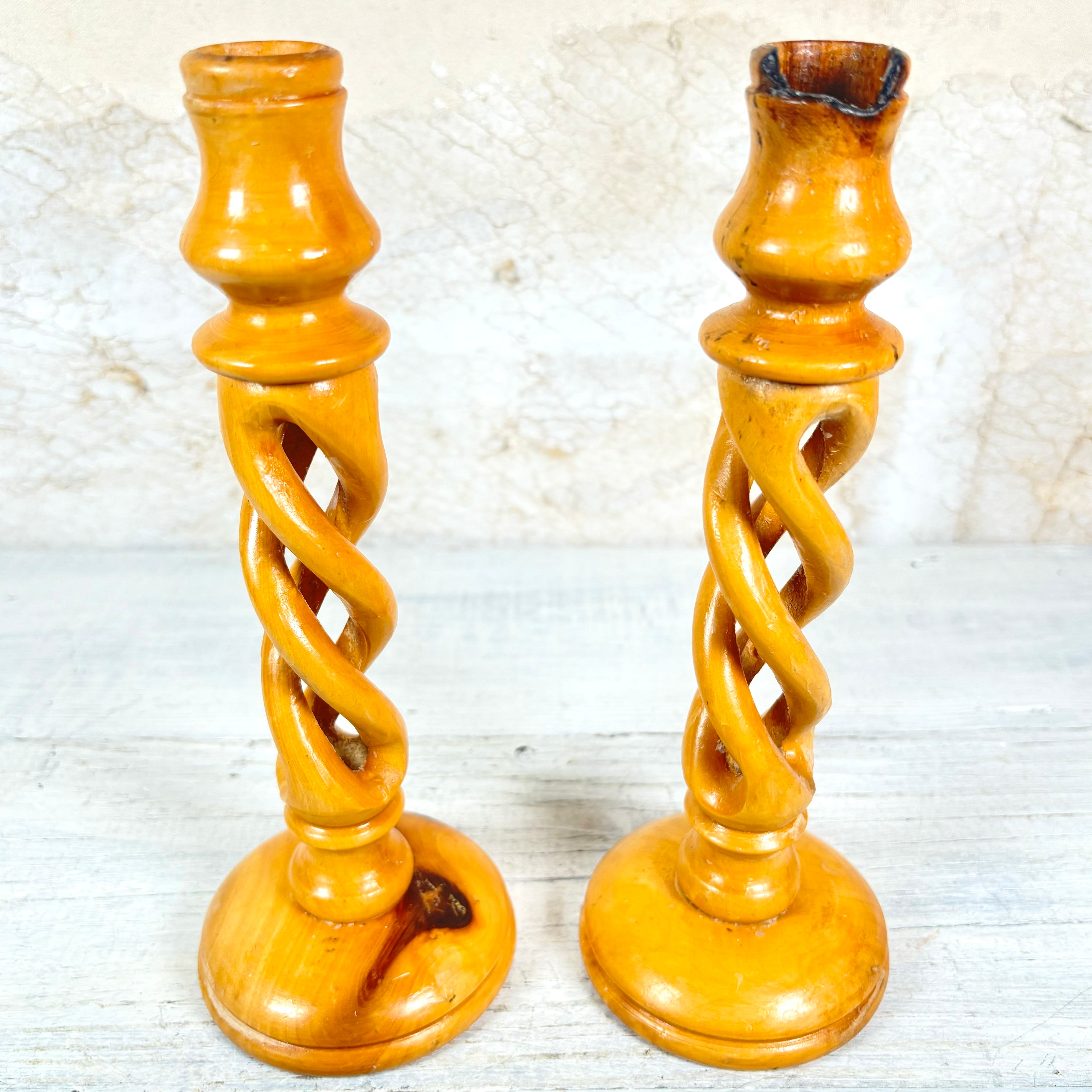 Vintage Carved Olive Wood Candlesticks Set of Two