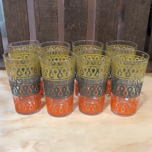 Mid Century Modern Orange/ Gray/ Yellow Glassware Set of Eight