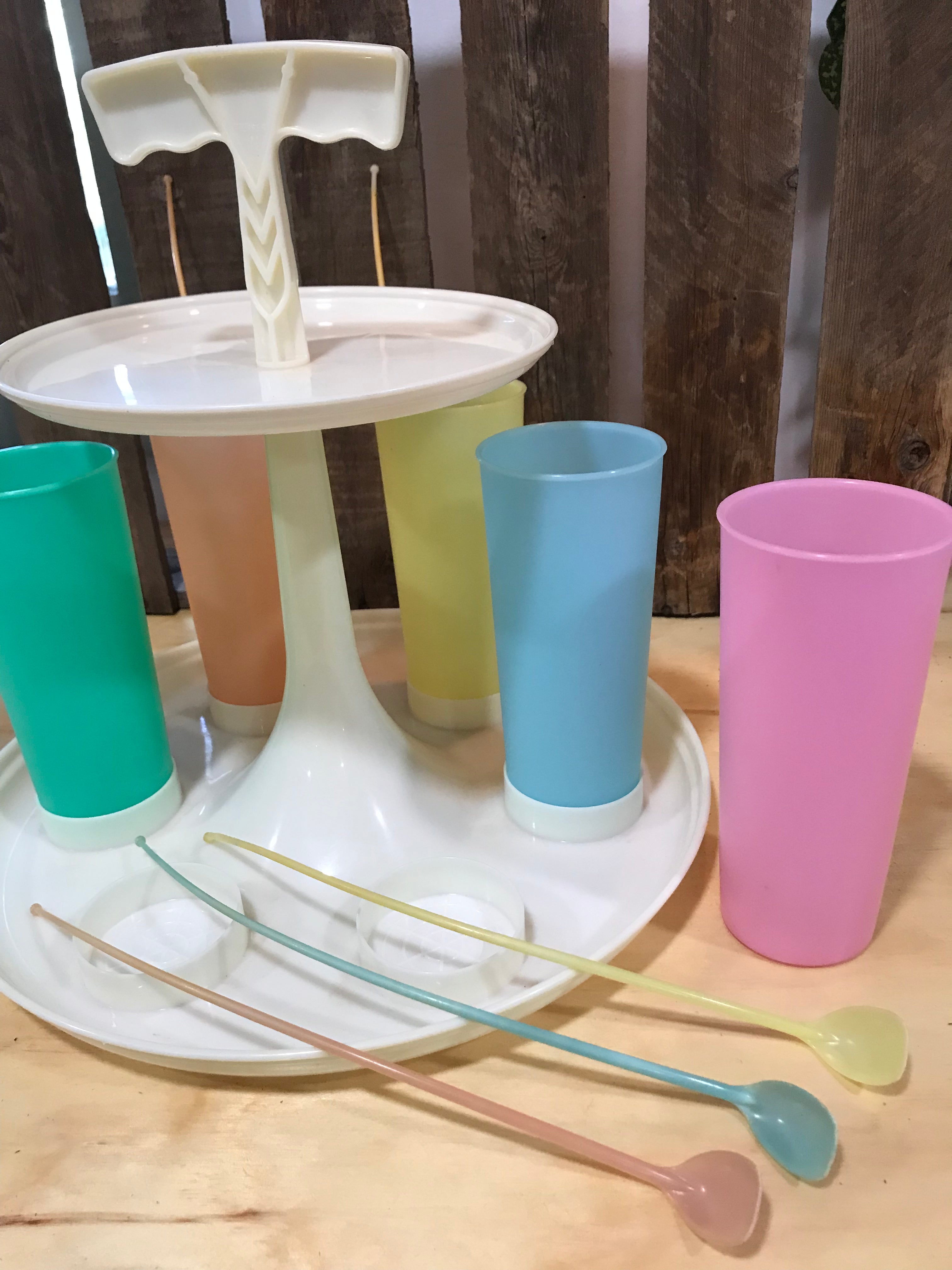 1960's Tupperware Drink Caddy with Tumblers and Stirrers