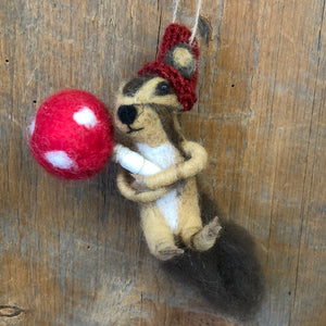 Wool Felt Holiday Squirrel in Knitted Red Hat with Mushroom