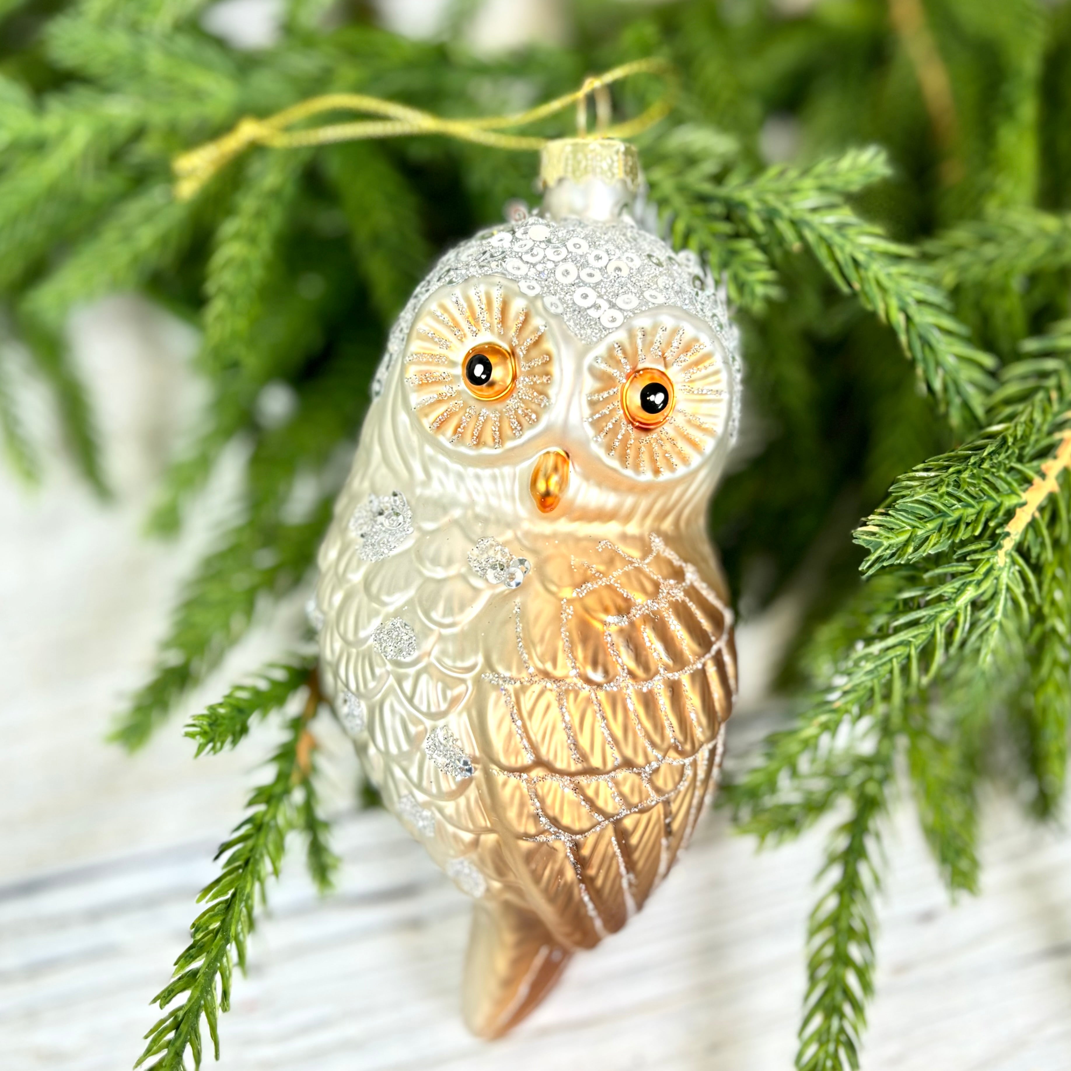 Glass Silver Owl Ornament with Gold Wing