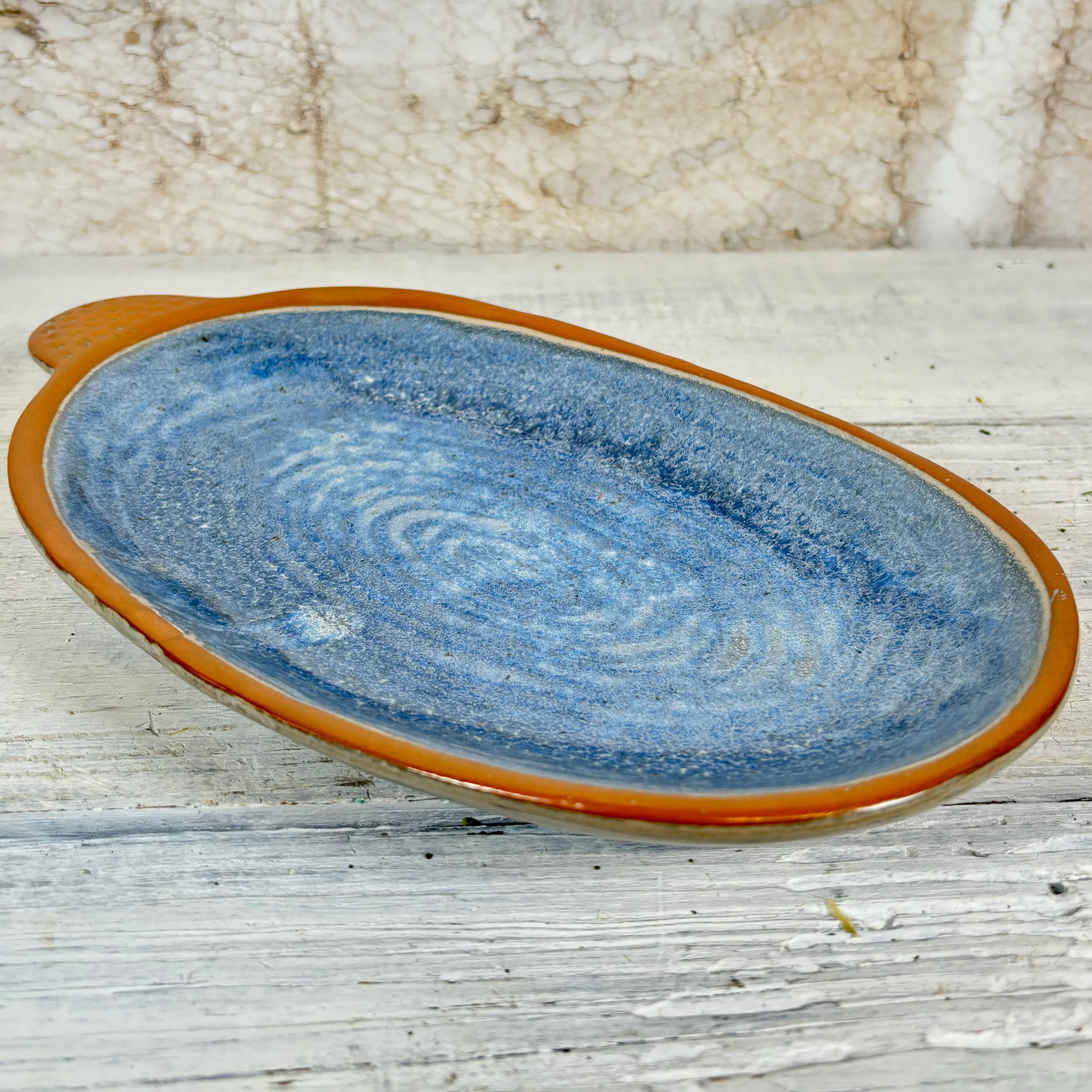 Stoneware Oval Blue Plate with Handle and Brown Rim