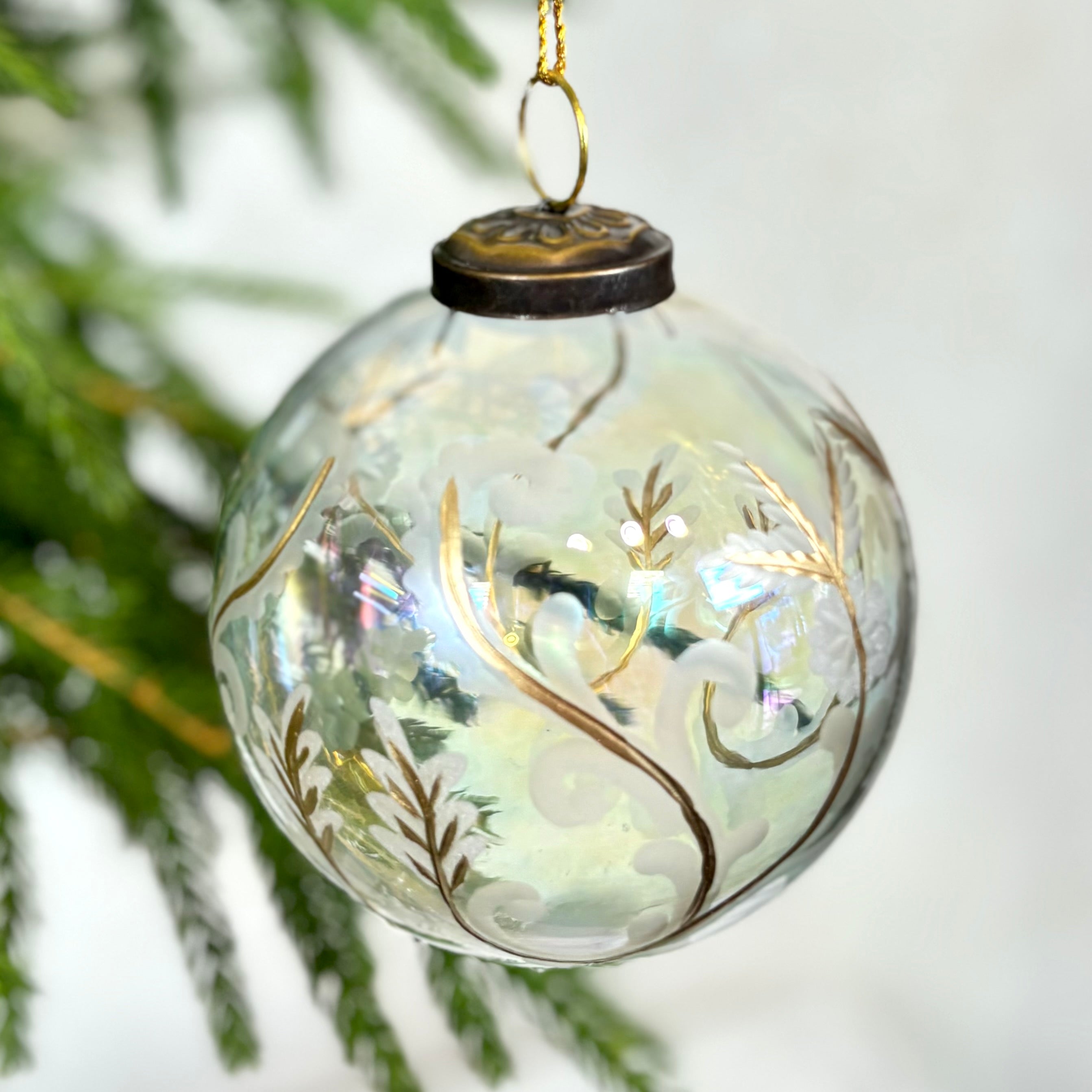 Etched Glass Clear Ball with Flowers Ornament