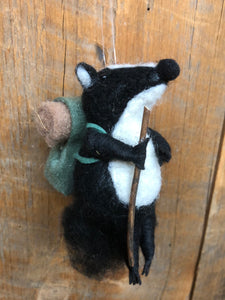 Felt Hiking Badger with Walking Stick and Backpack Ornament