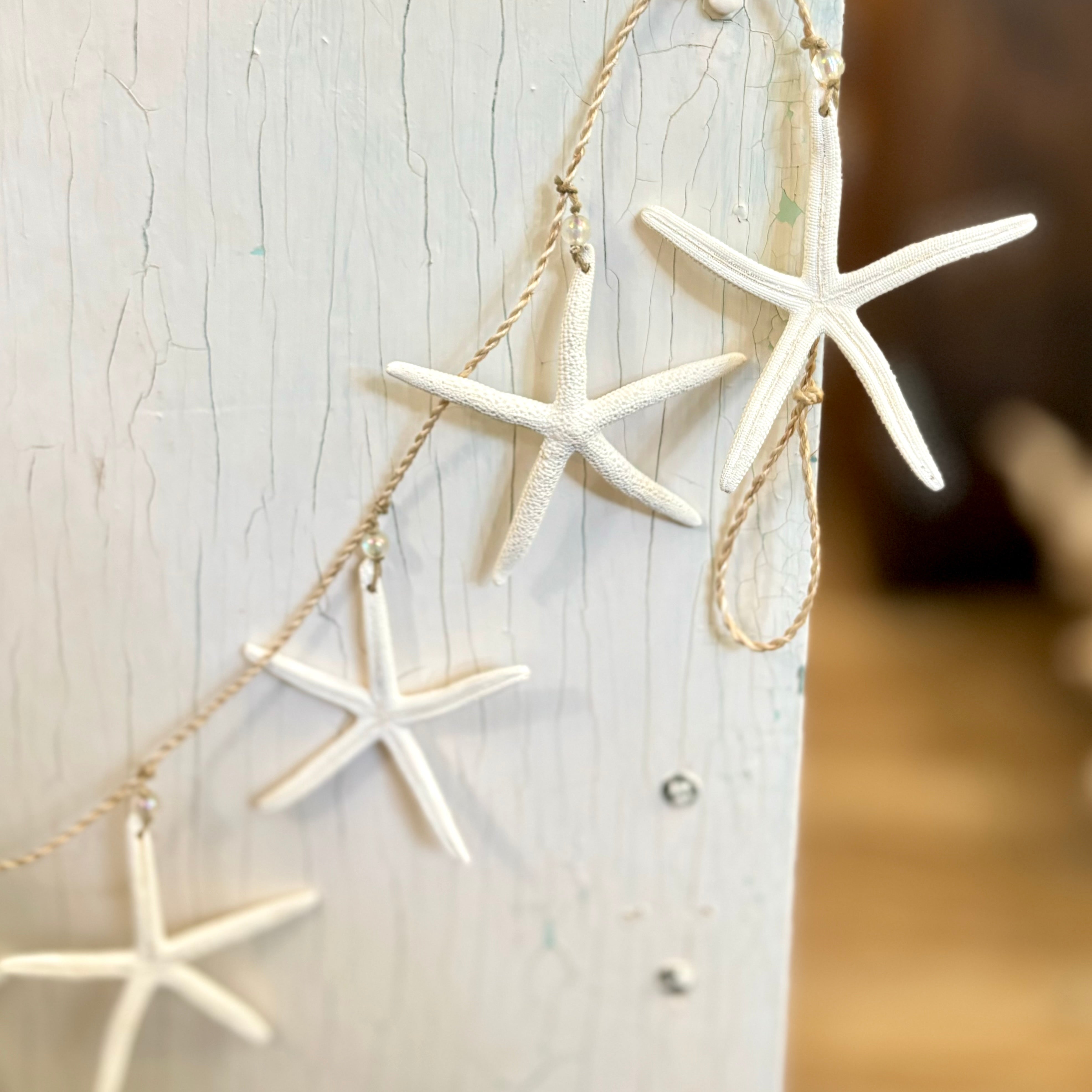 Garland Bleached Finger Stars with Beads on Raffia Twine