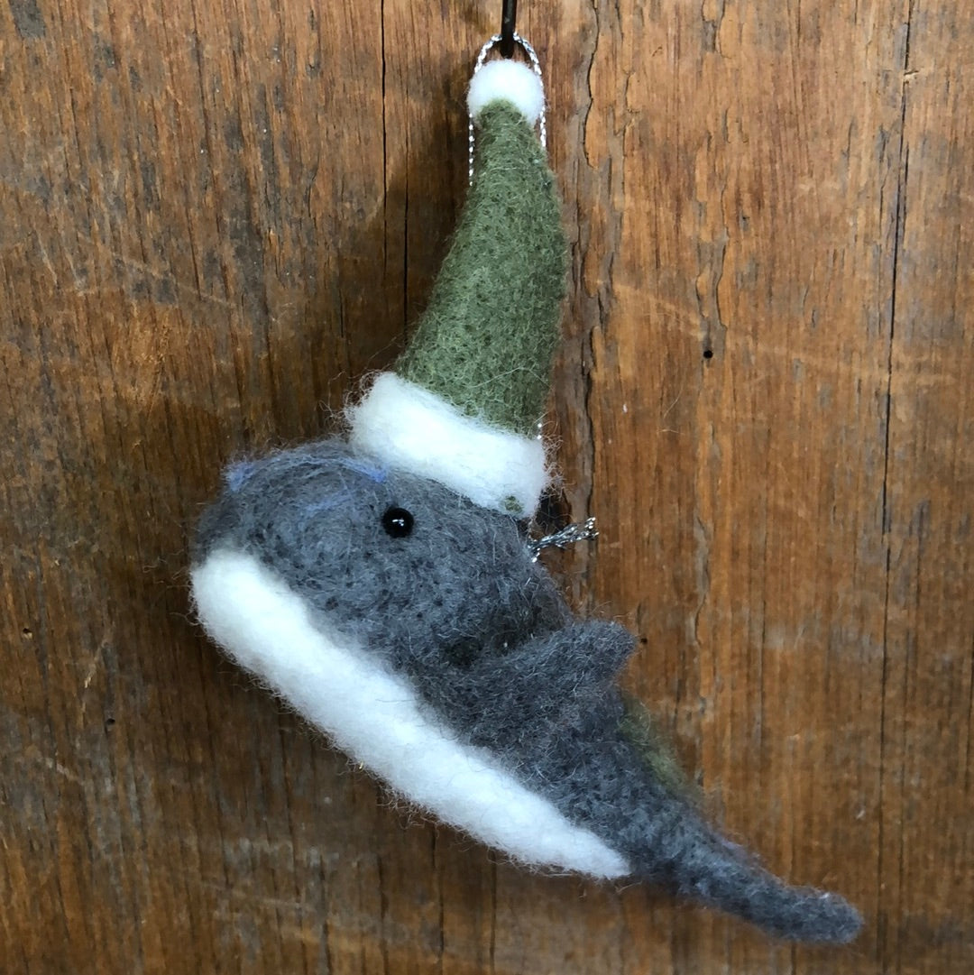 Felt Gray Whale with Christmas Hat