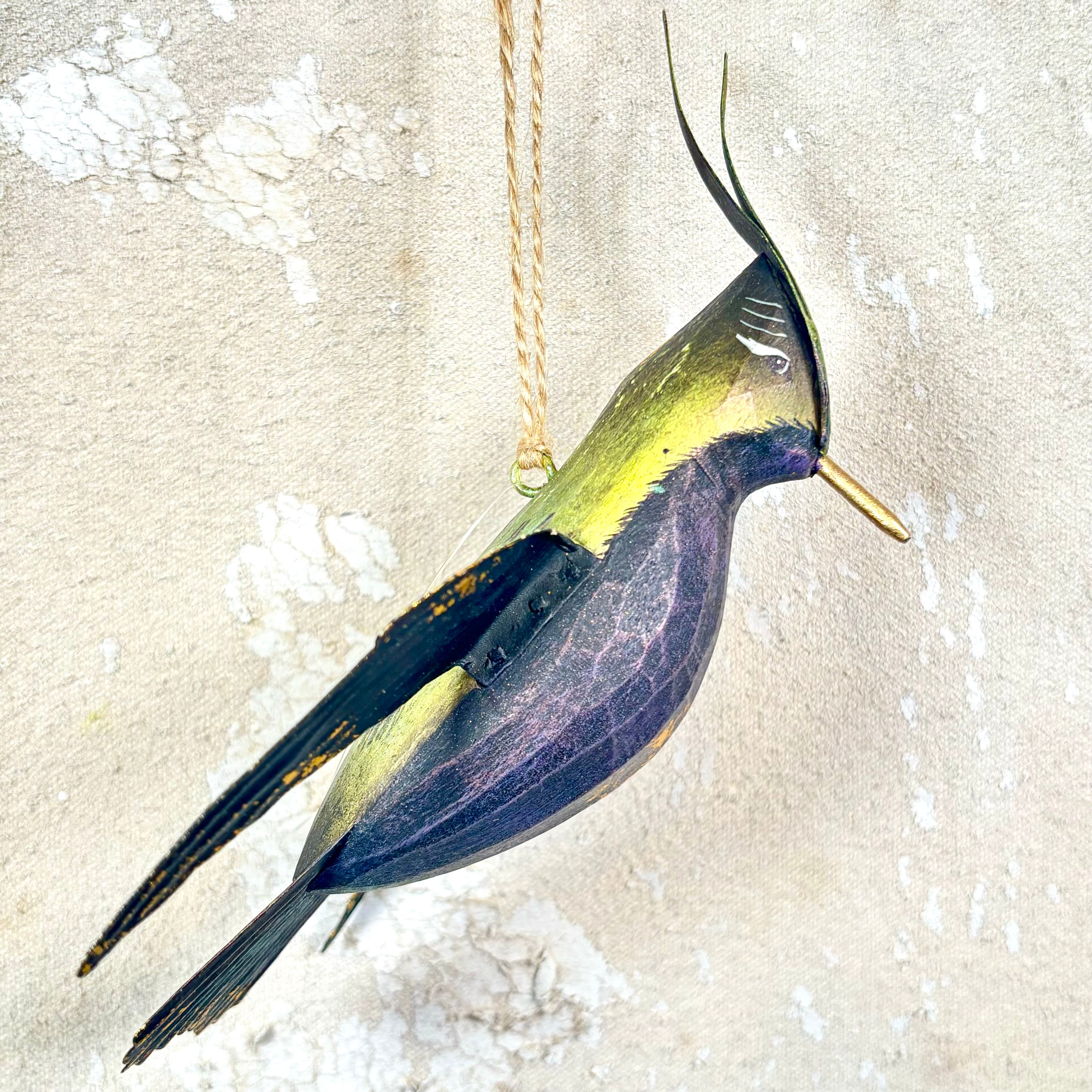 Hand Carved Wood Hummingbird Ornament Purple Green