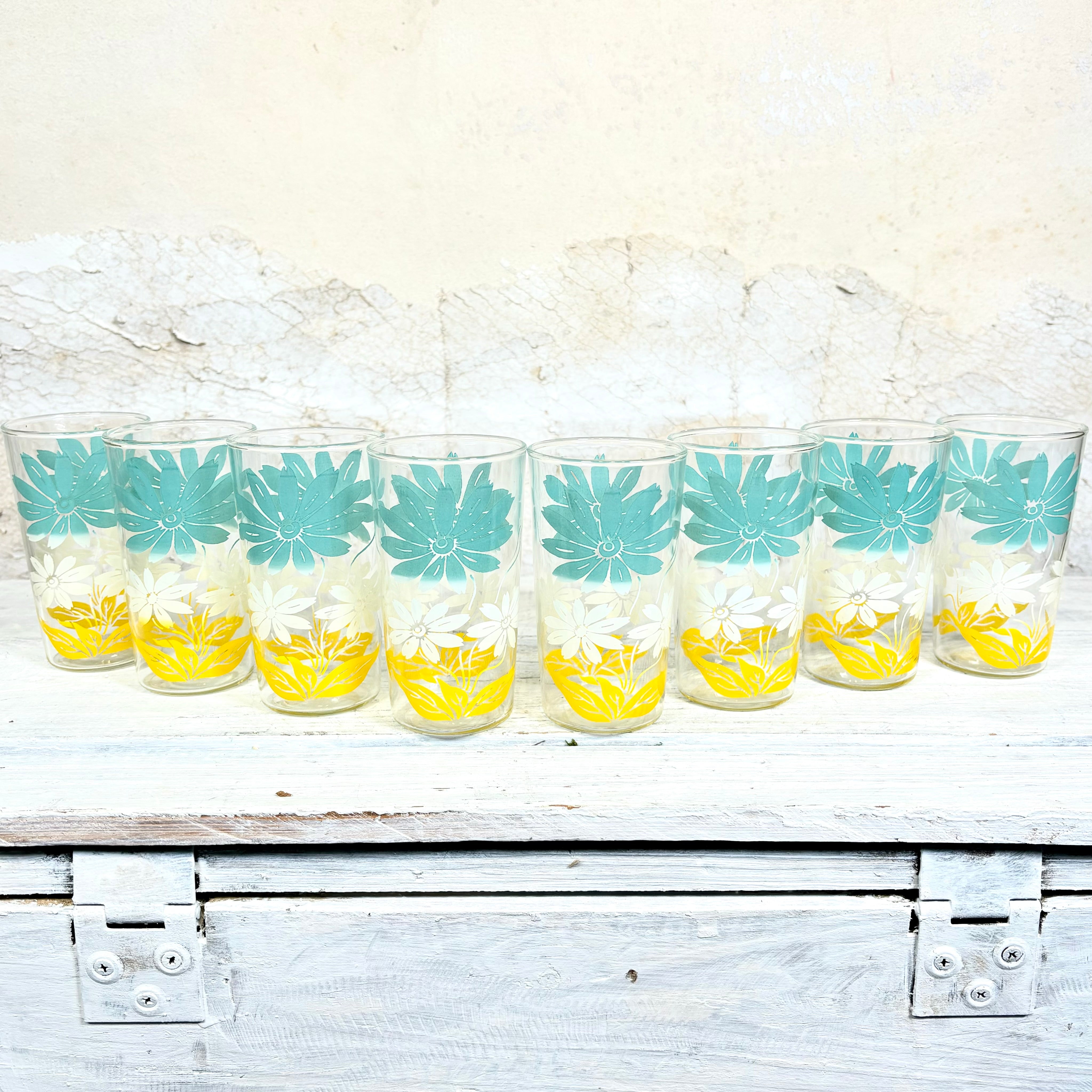 MCM Turquoise, White and Yellow Flower Juice Glasses Set of Eight