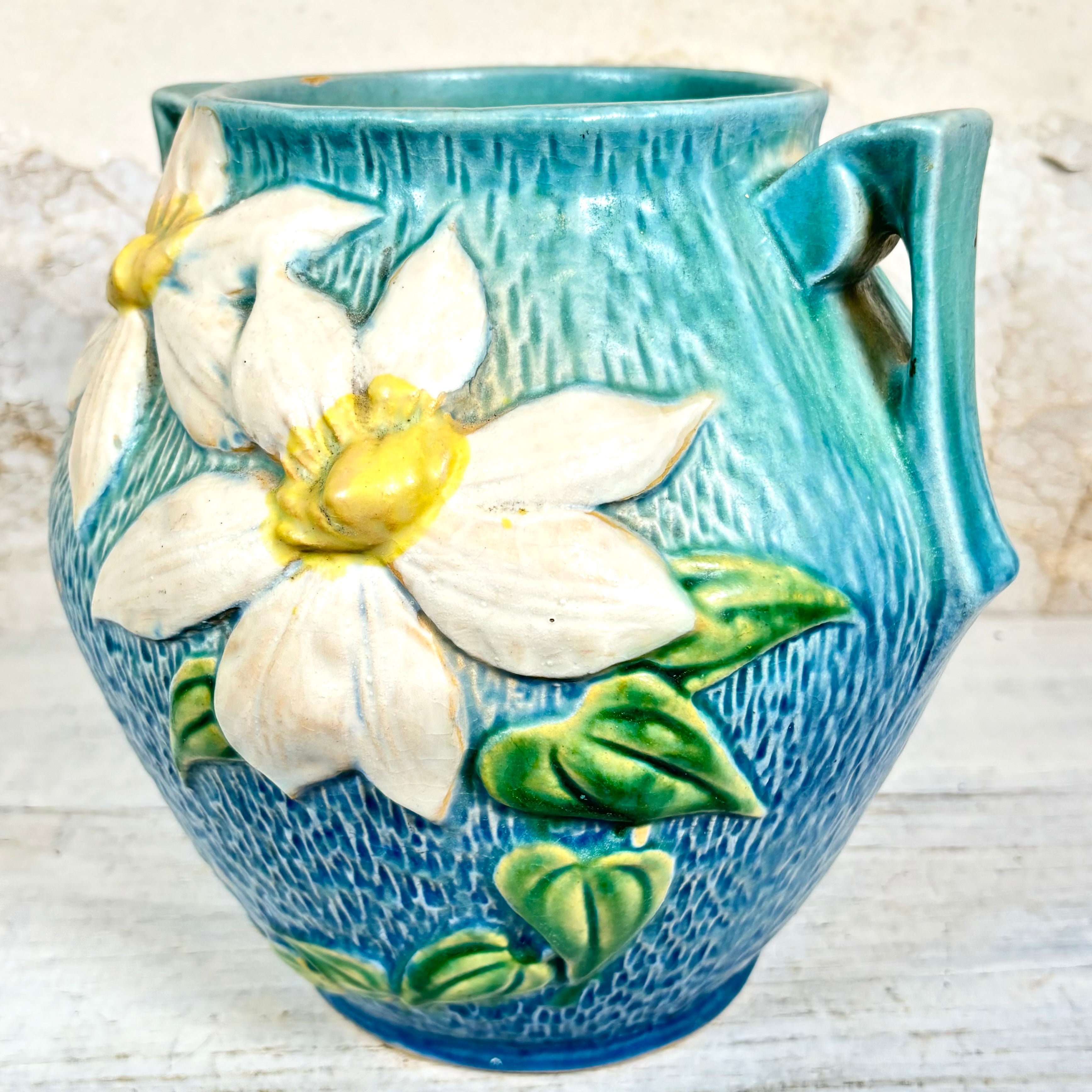 Roseville Pottery Clematis Blue Handled Cookie Jar