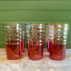 Mid Century Modern Red and Gold Strip Glasses Set of Six