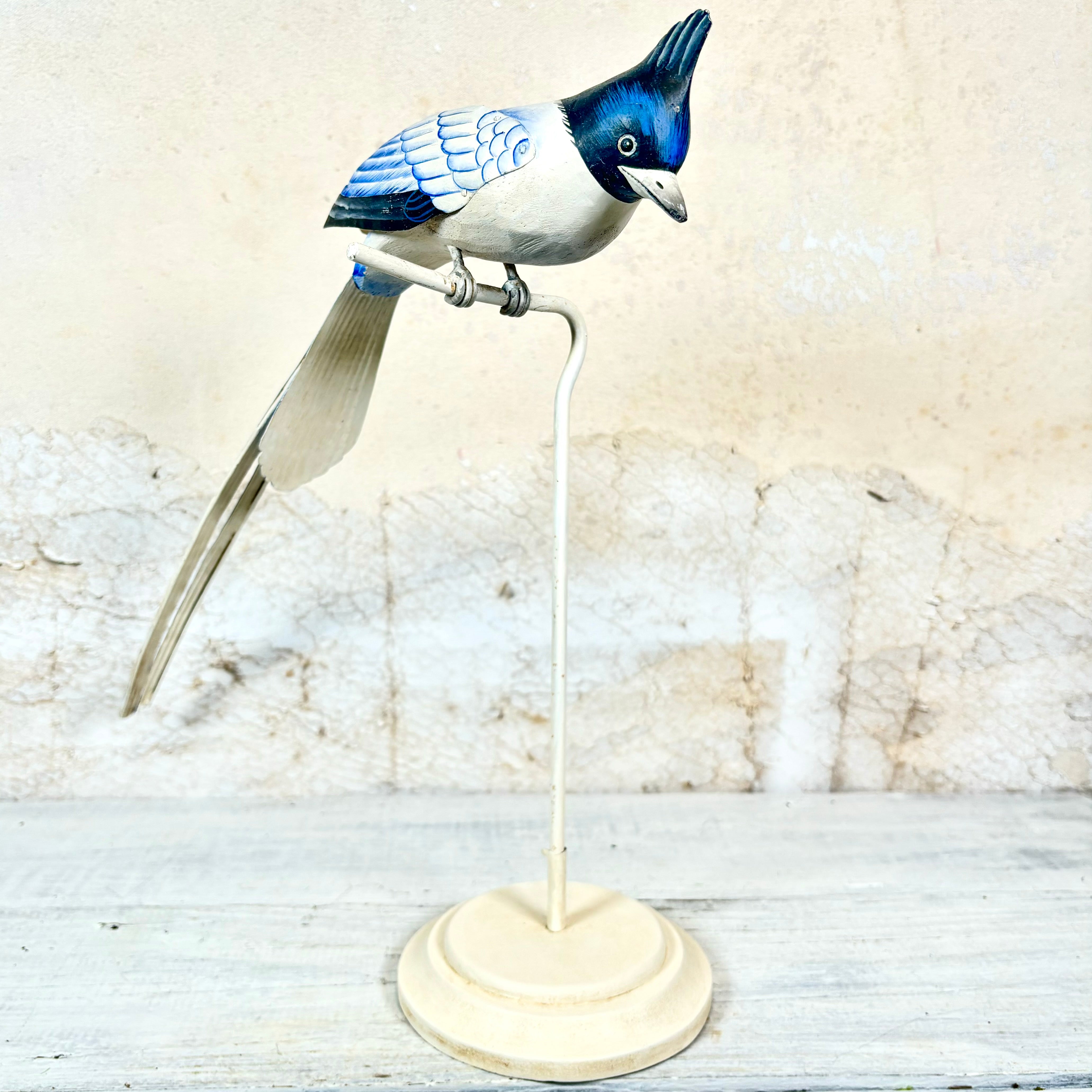 Hand Carved Wood Long Tailed Blue White Bird on Stand 14"