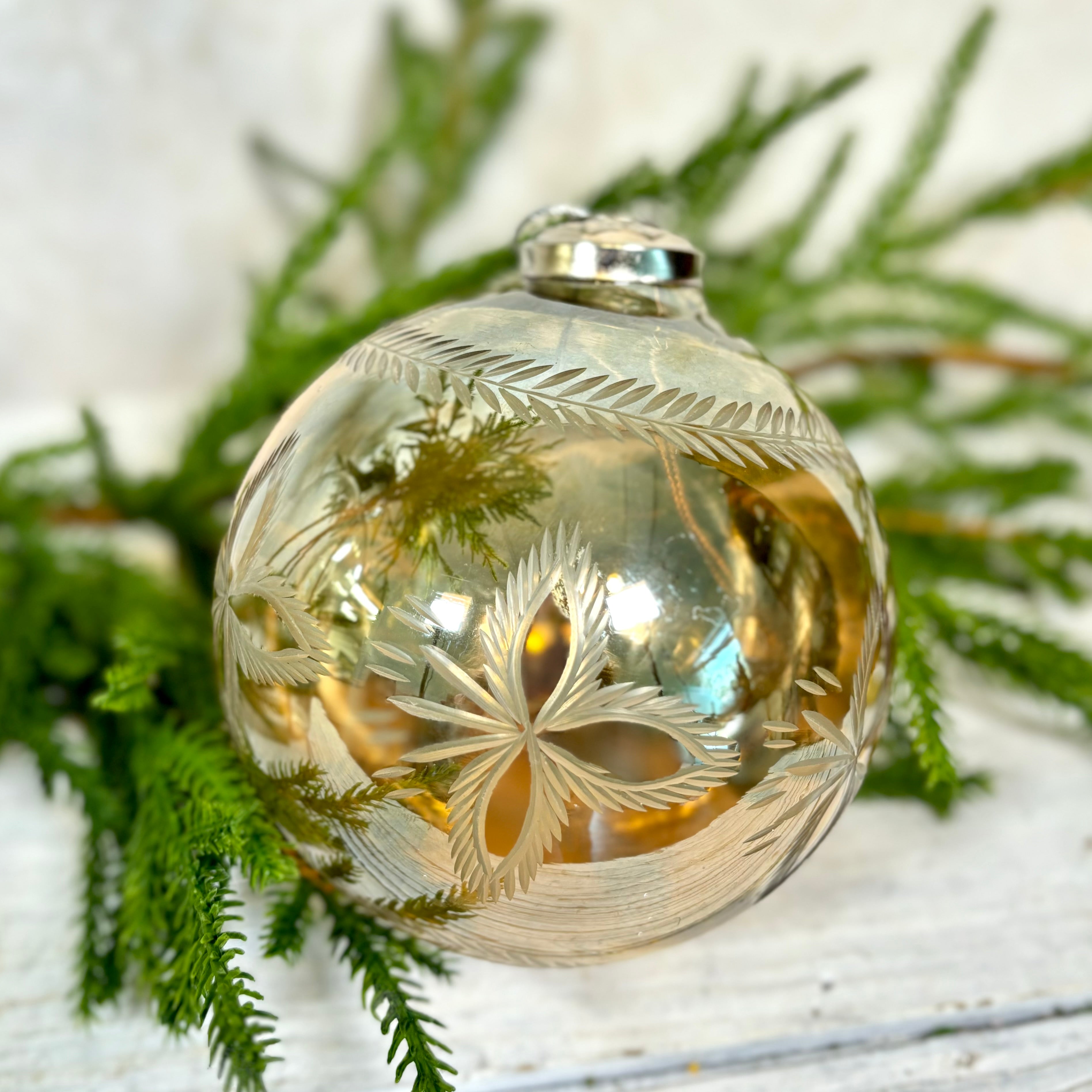 Clear Glass Ball with Fluret Ornament