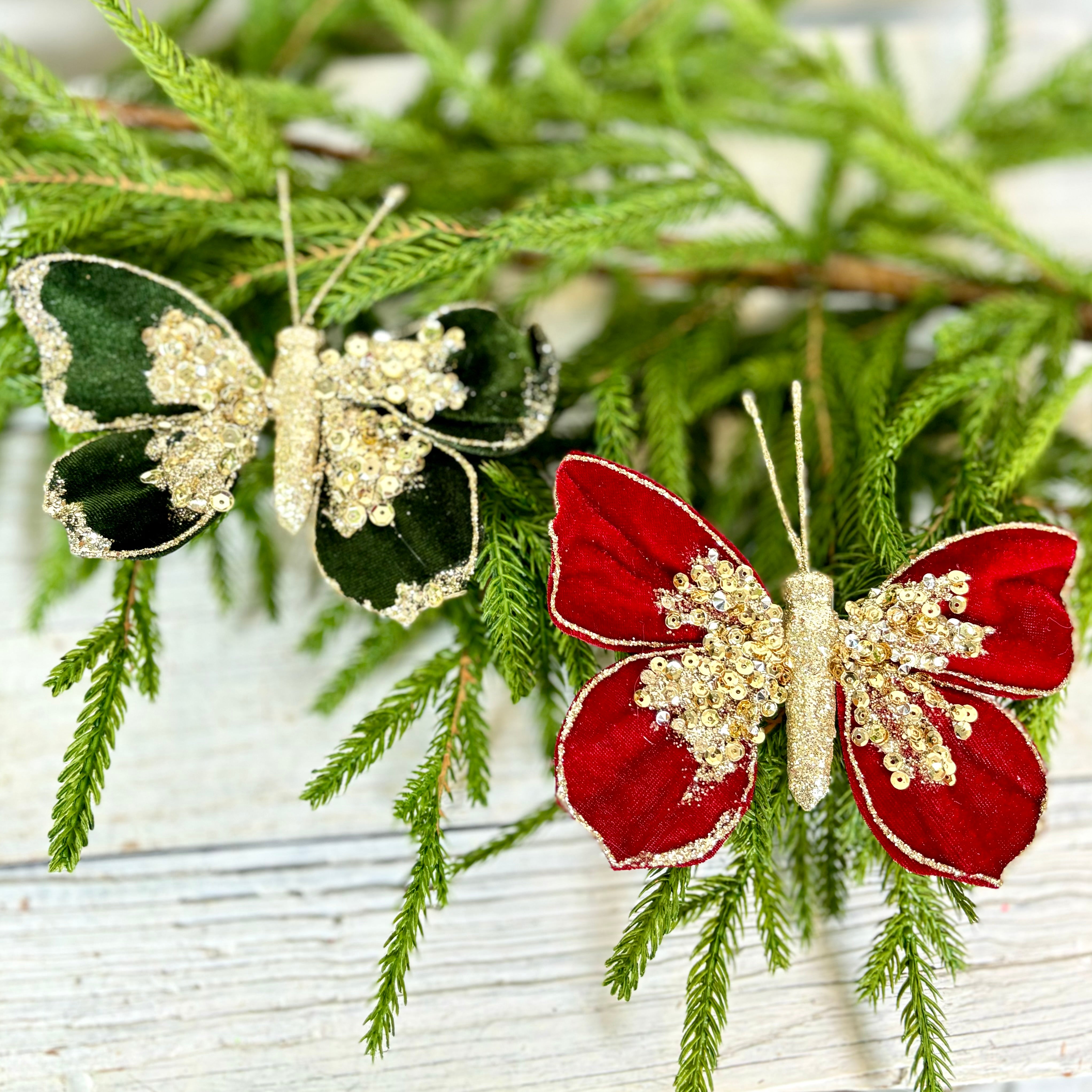 Velvet Red with Gold Glitter Butterfly Ornament