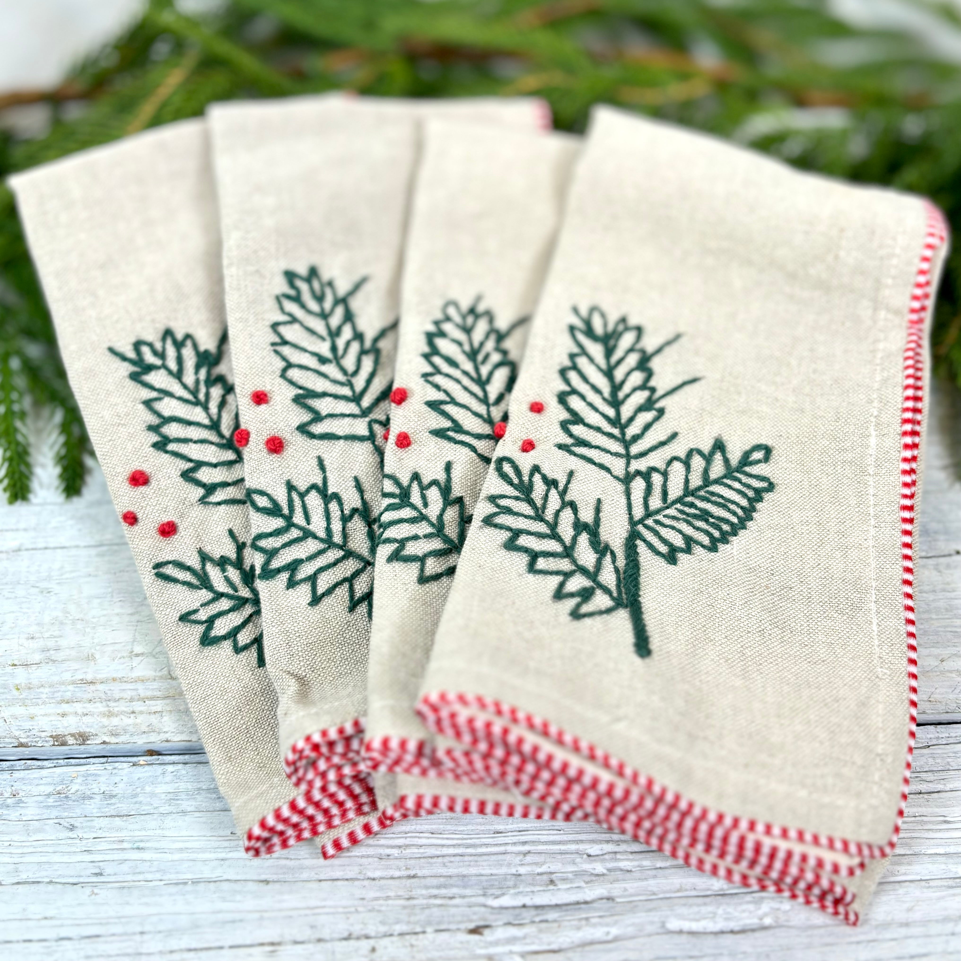 Cotton and Linen Napkin with Holly and Greens Set of Four