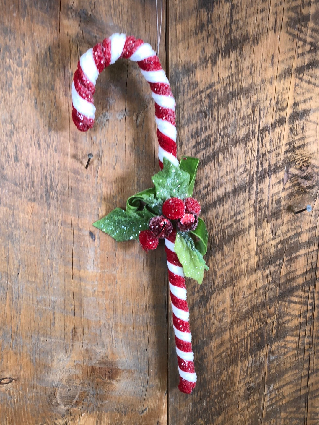 Frosted Chenille Red Ribbon Candy Cane Ornament