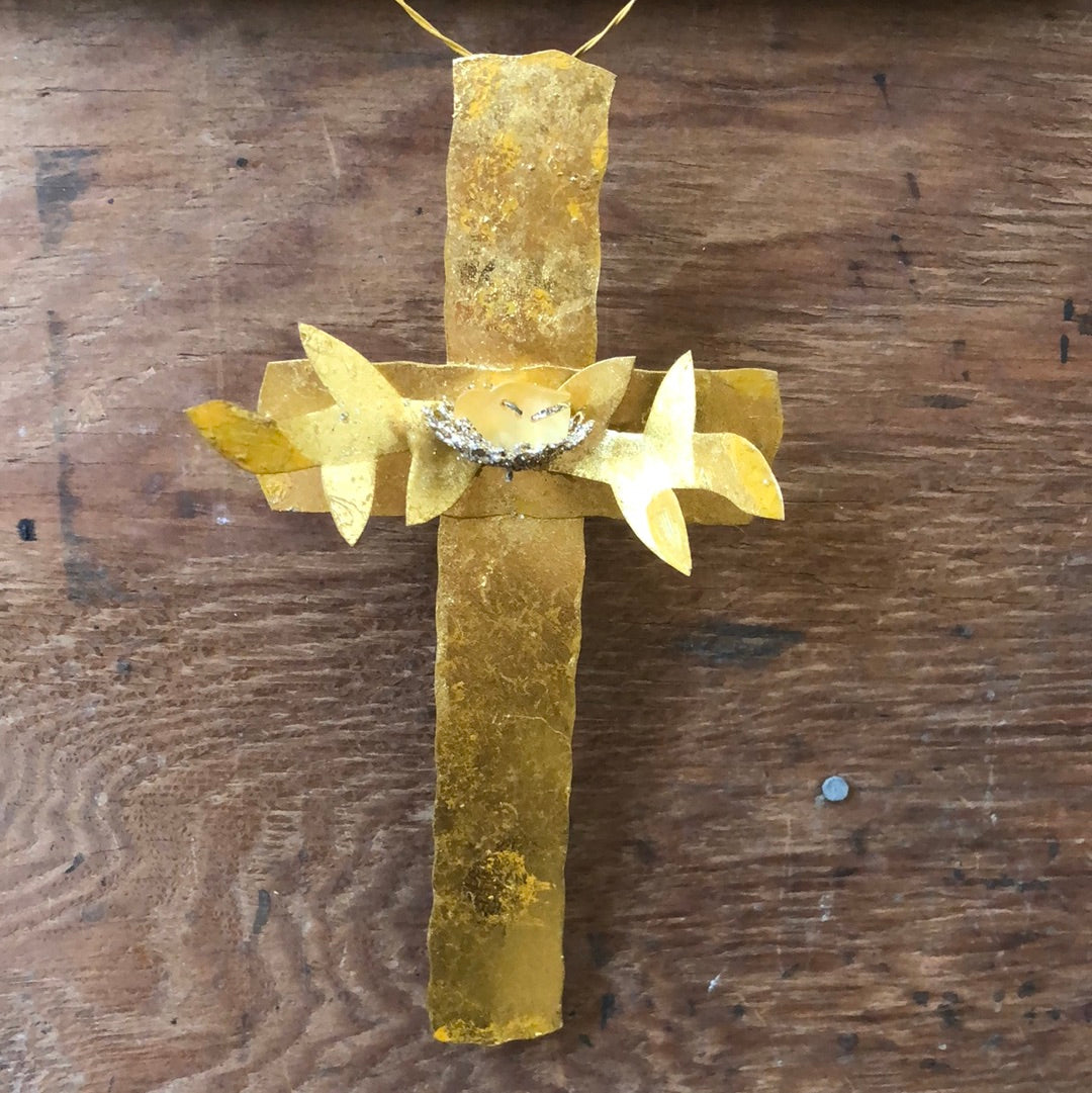 Gold Cross with Dove in Nest Ornament
