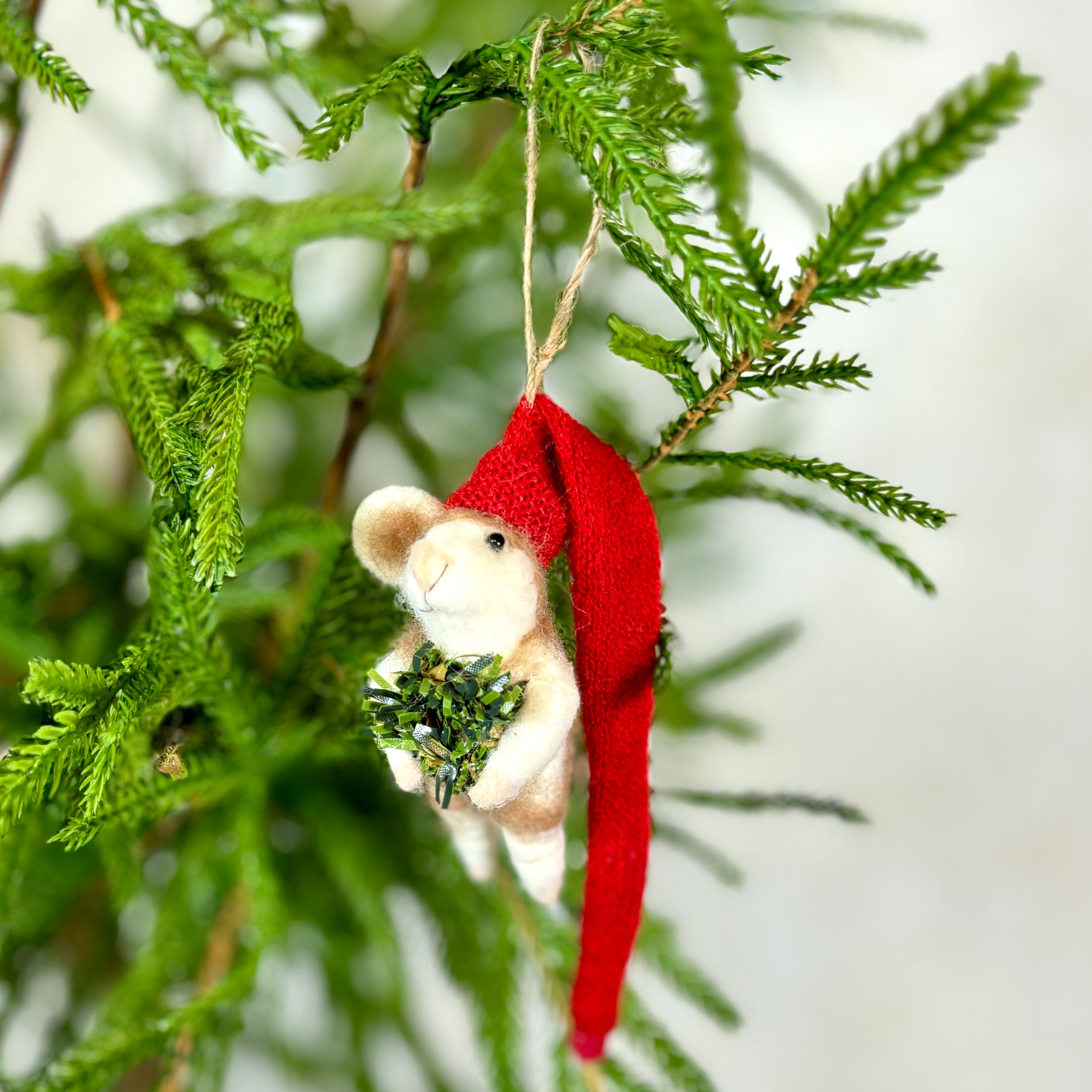 Felt Mouse with Long Red Knit Santa Hat Holding Wreath Ornament