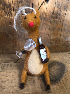 Felt Reindeer with Red Wine and Glass
