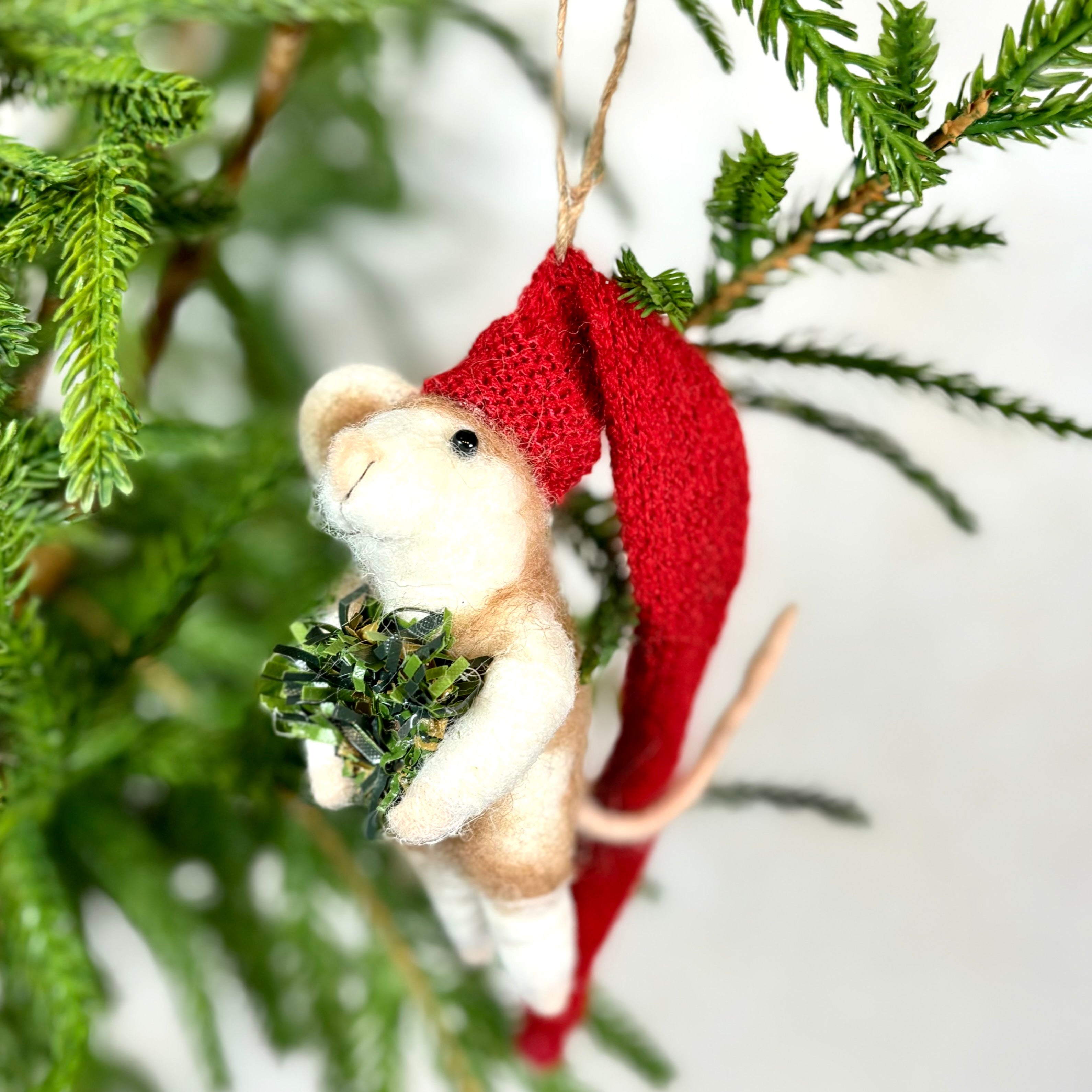 Felt Mouse with Long Red Knit Santa Hat Holding Wreath Ornament