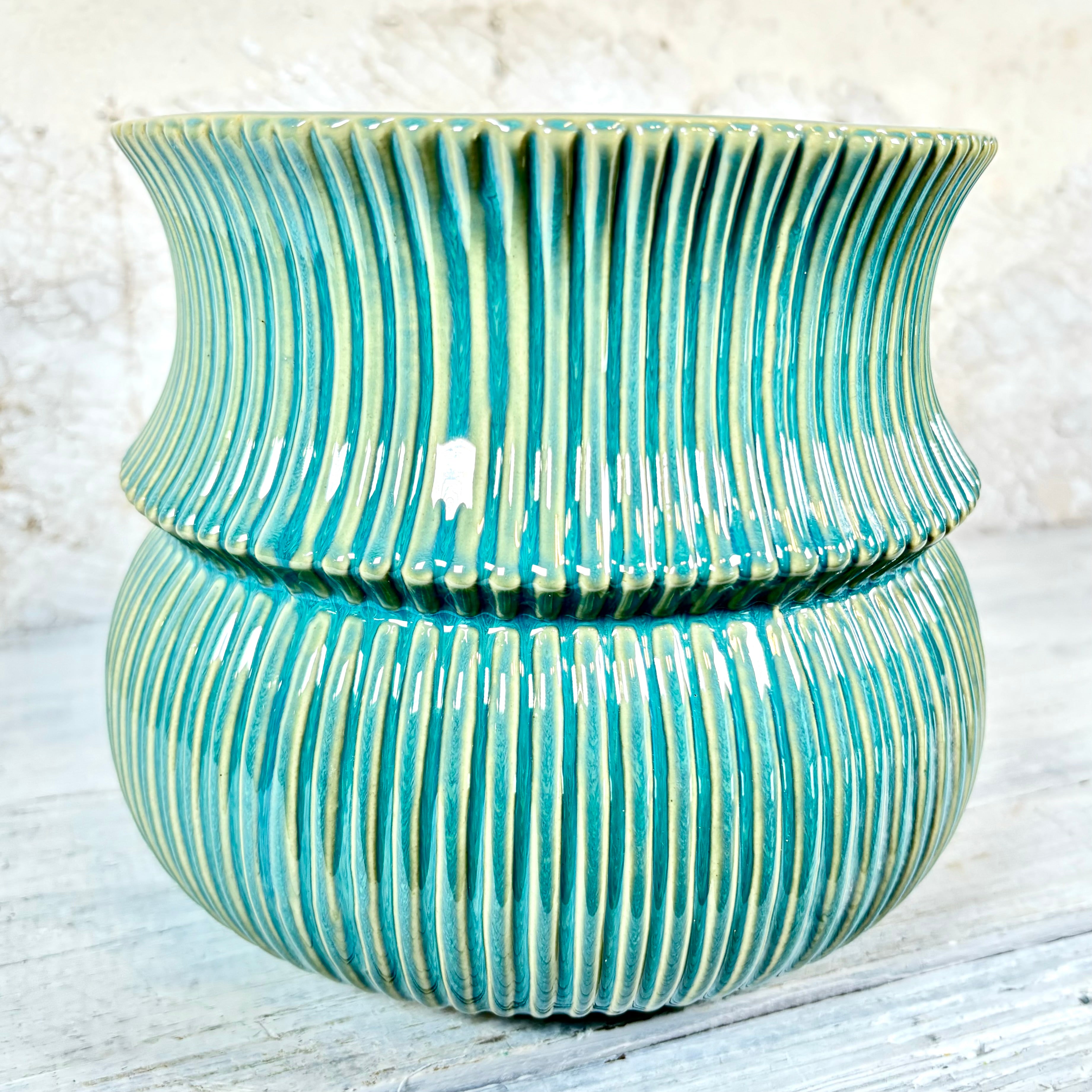 Verdant Pleated Blue Green Pot Wide