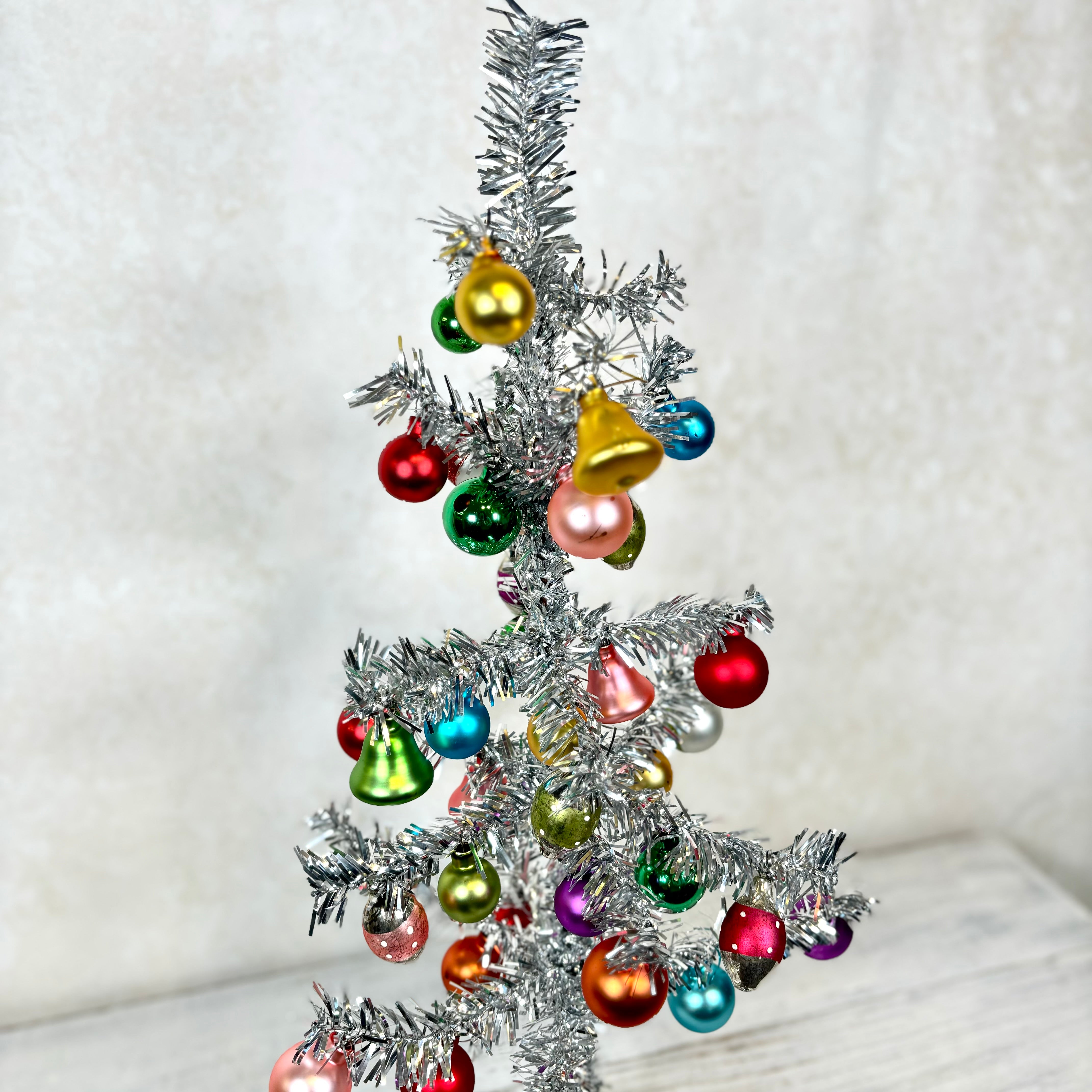 Silver Vintage Tinsel Tree with Ornaments