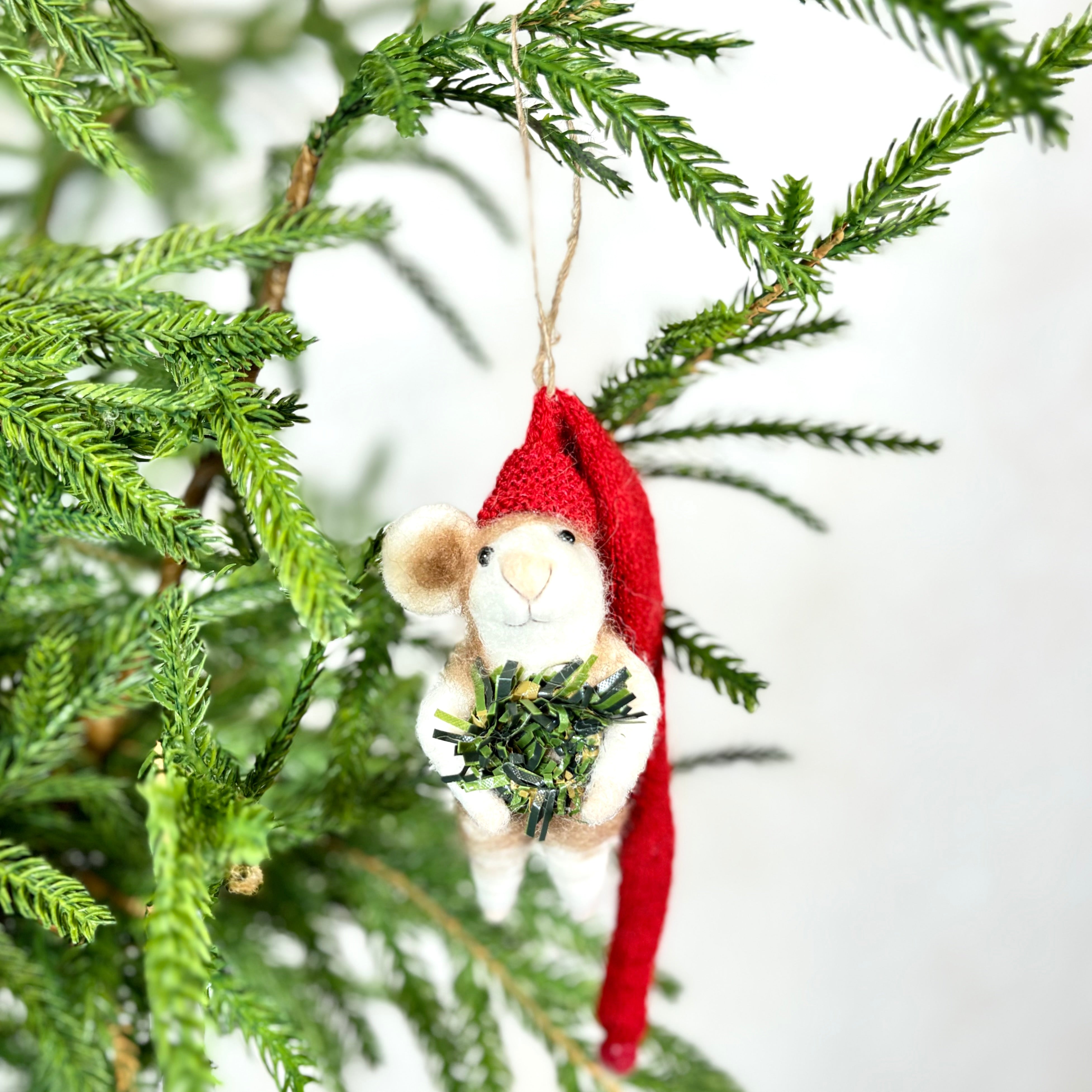 Felt Mouse with Long Red Knit Santa Hat Holding Wreath Ornament